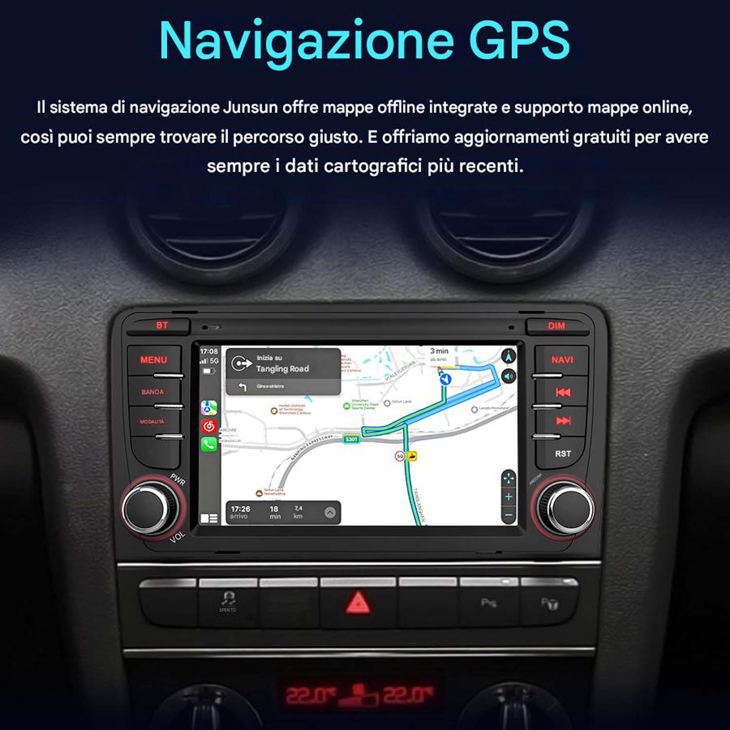 Schermo del sistema di navigazione per auto che mostra una mappa con indicazioni. Vari pulsanti e comandi visibili.