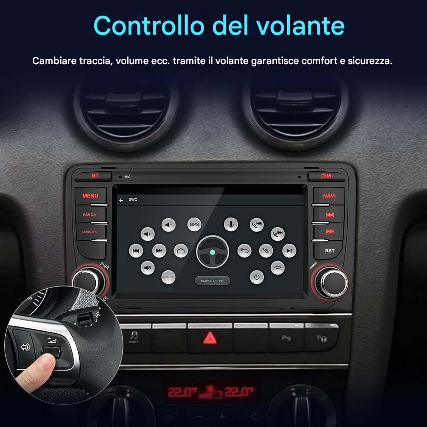 Autoradio con pulsanti e schermo. Controllo volante a sinistra. Display temperatura in basso.
