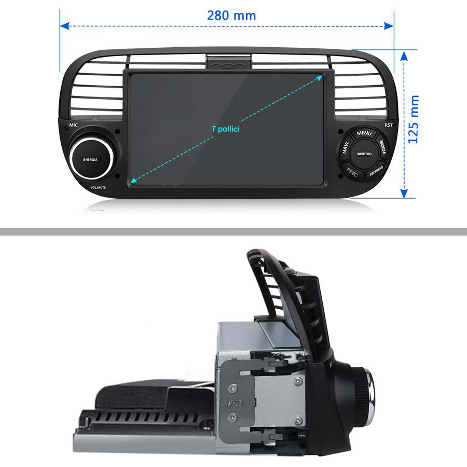 Autoradio con schermo da 7 pollici, pulsanti e manopola del volume. Dimensioni: 280 mm di larghezza e 125 mm di altezza.