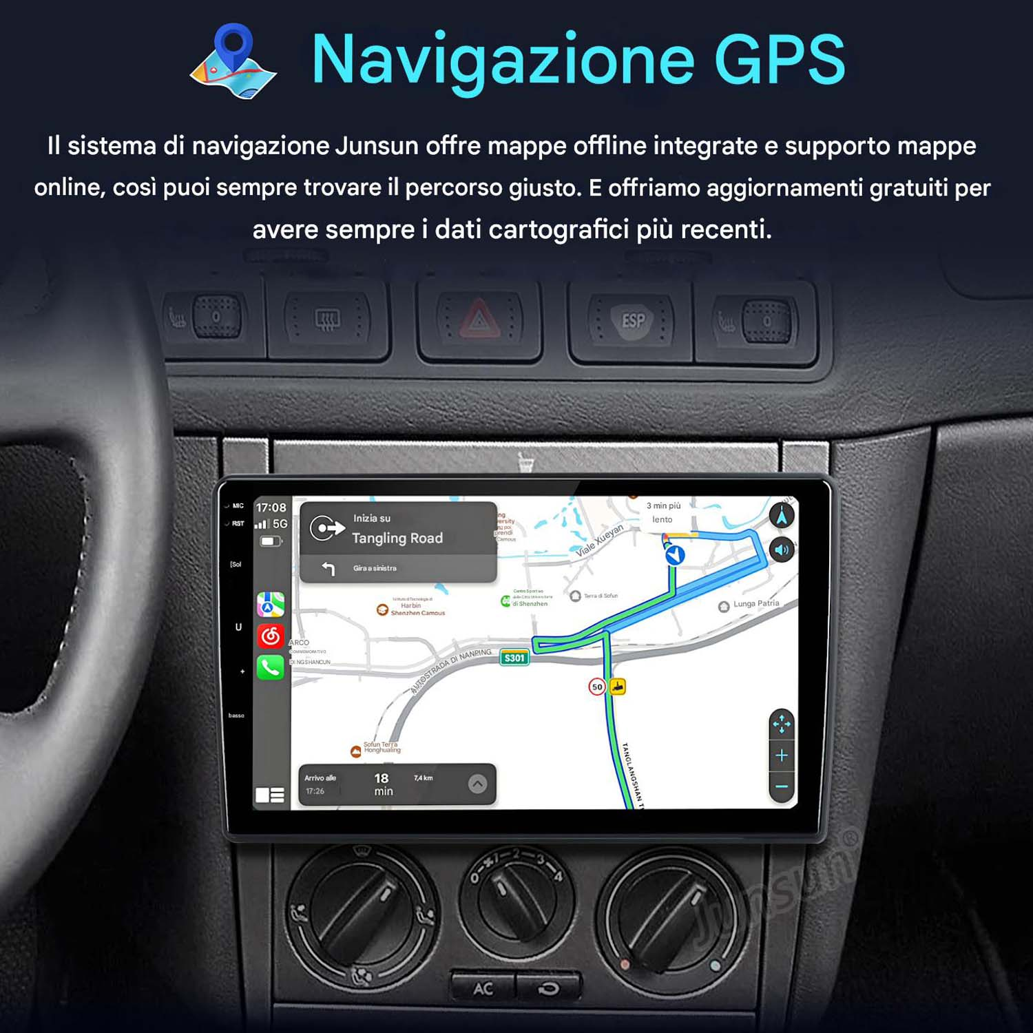 Cruscotto auto con schermo di navigazione GPS che mostra mappa con indicazioni stradali e posizione attuale dell'auto.