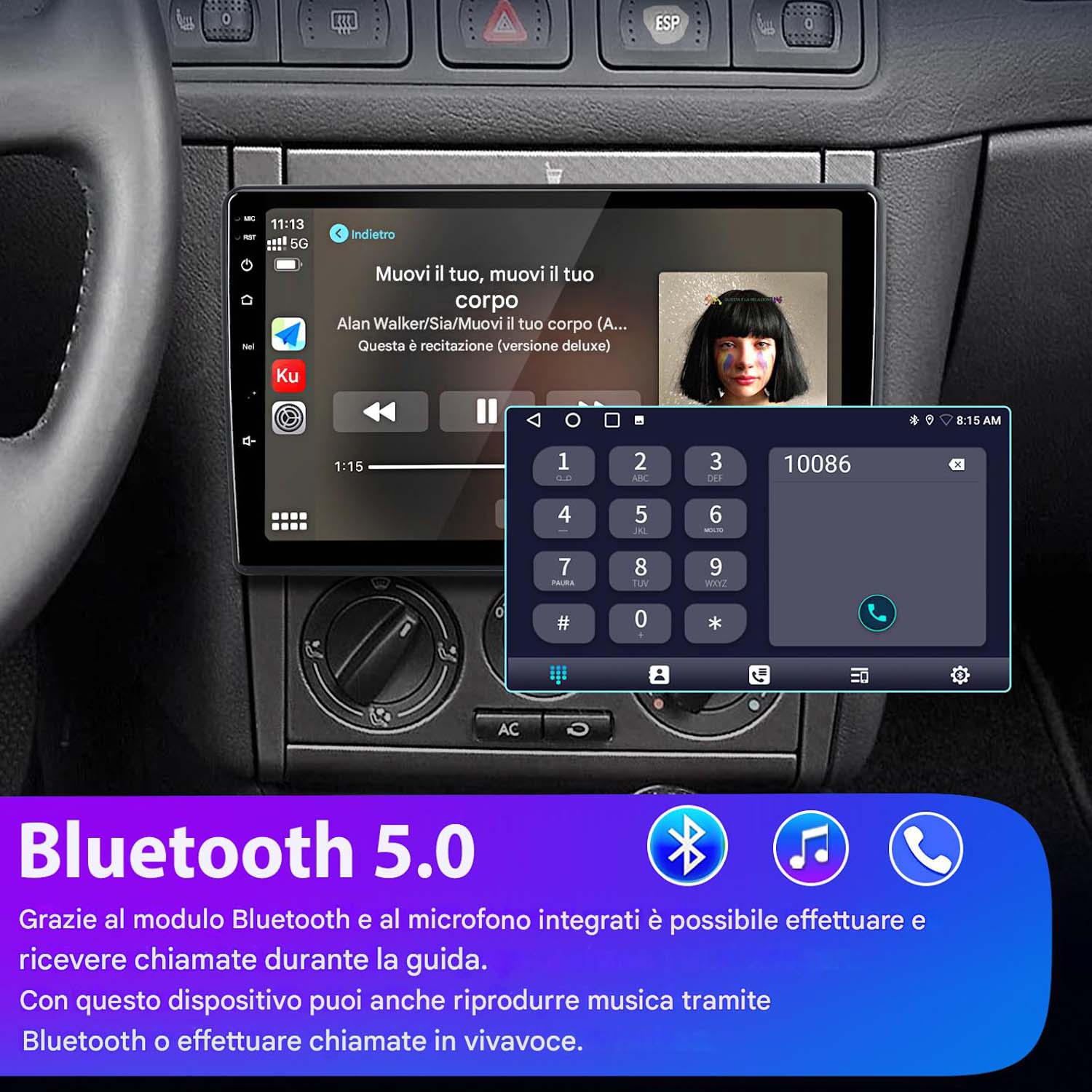 Schermo autoradio che mostra musica e un dialer telefonico. Logo Bluetooth 5.0 in basso. Interni auto sullo sfondo.