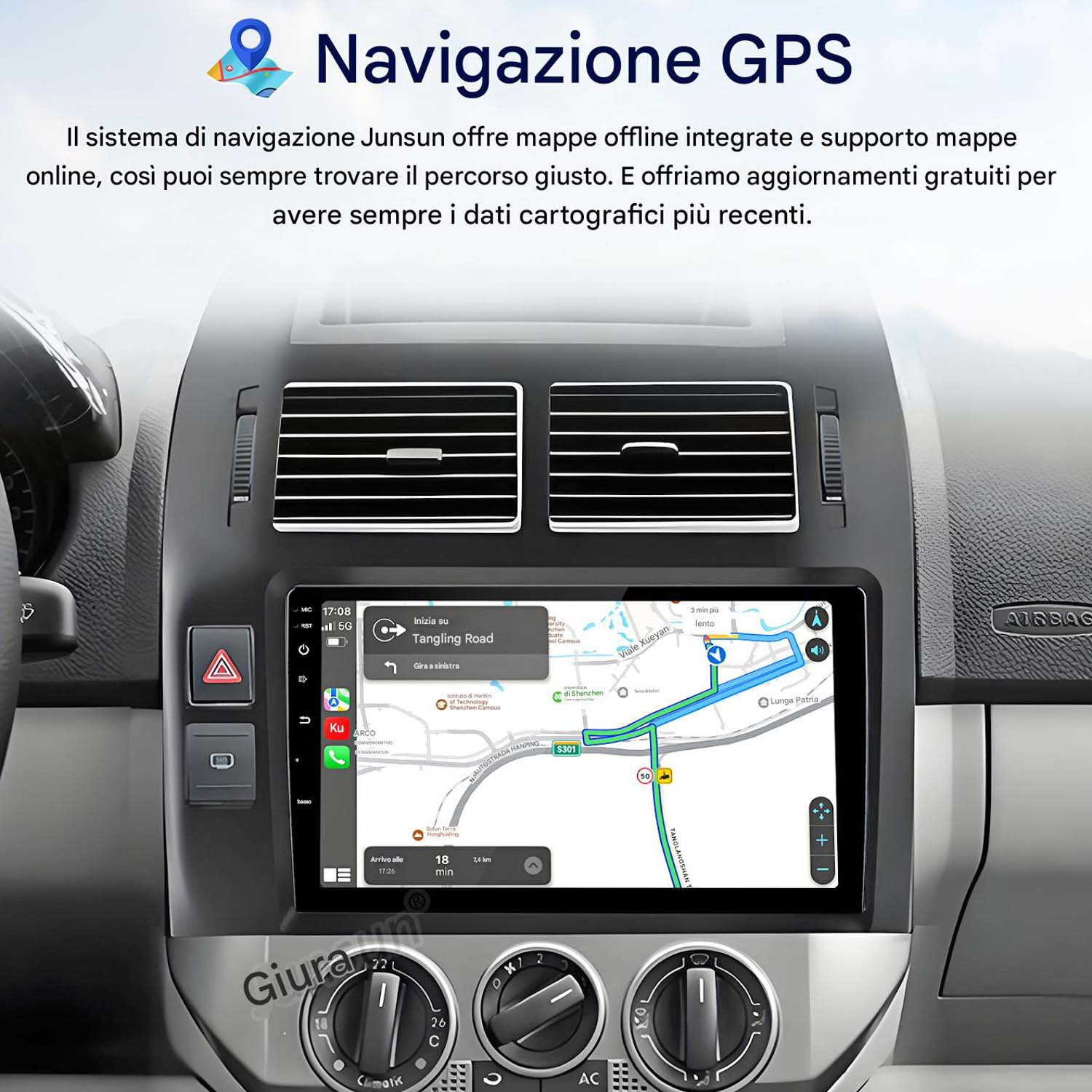 Cruscotto auto con navigazione GPS. Si vedono mappa e percorso. Il testo è in italiano.