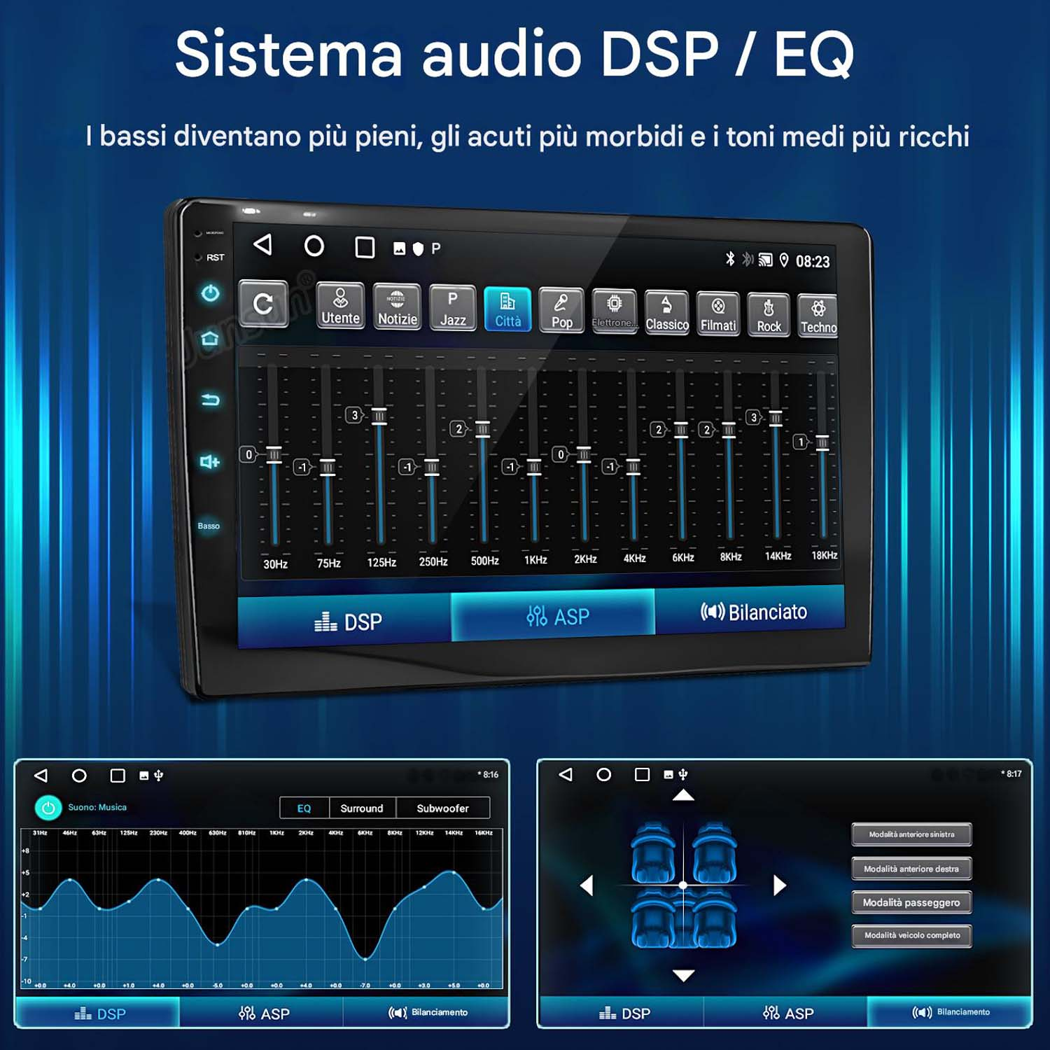 Interfaccia del sistema audio dell'auto. Impostazioni audio, equalizzatore e visualizzazione del layout dell'auto.