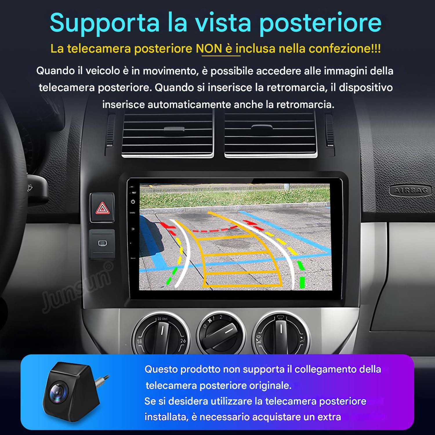 Cruscotto auto con display telecamera retromarcia. Il testo spiega le funzioni della telecamera e che non è inclusa.