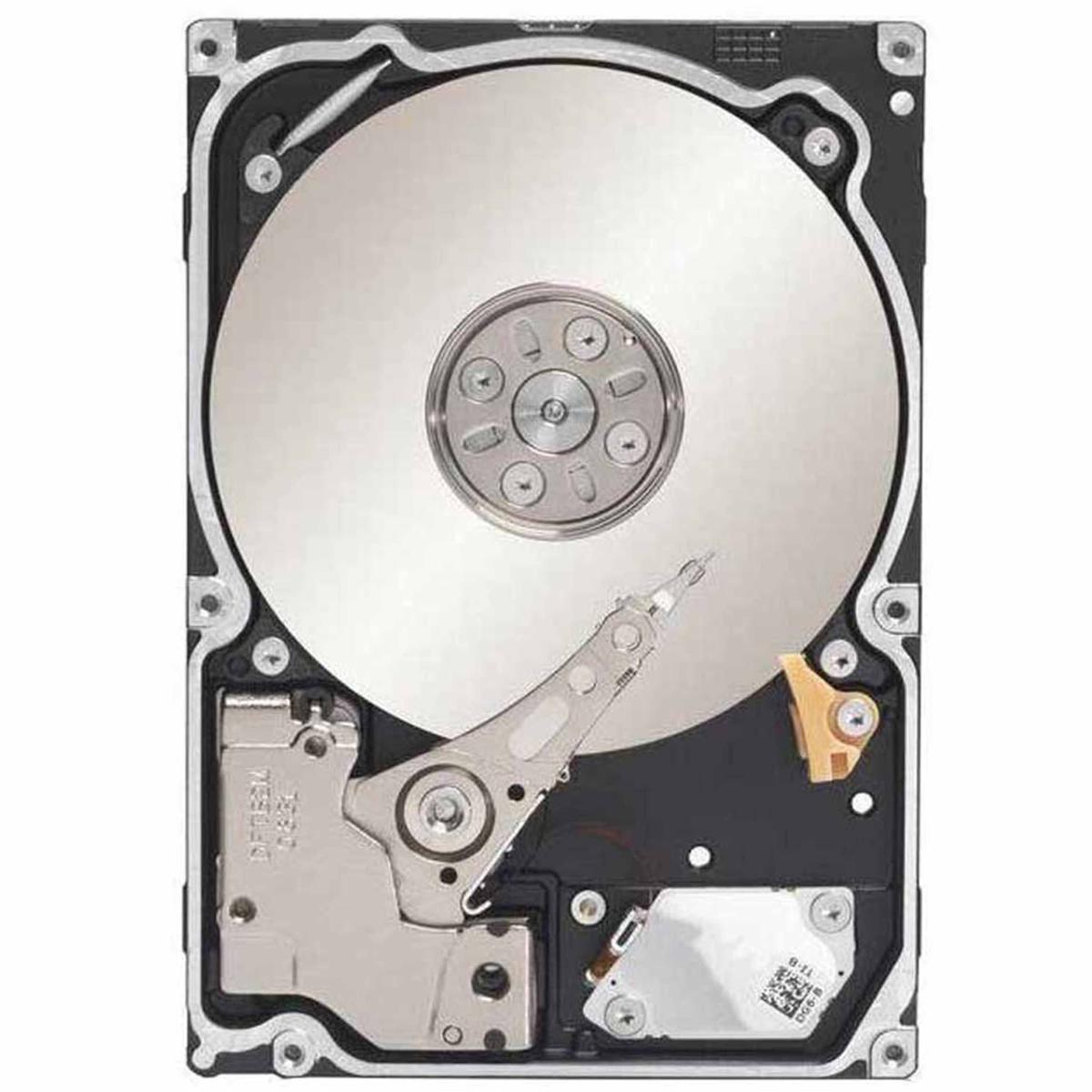 Un disco rigido aperto. Disco d'argento, braccio e componenti visibili all'interno di un telaio nero. Varie parti metalliche e plastiche sono visibili.