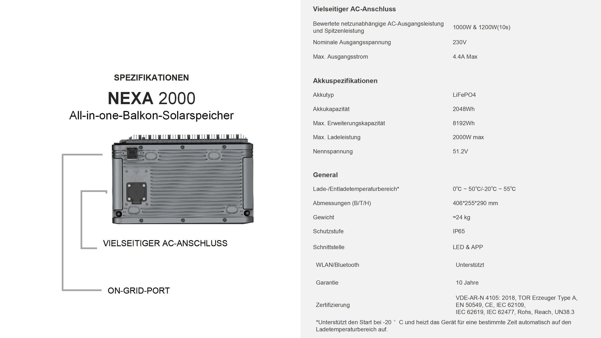 Ein Produktdatenblatt für eine Solarstromspeichereinheit. Enthält technische Details, Spezifikationen und ein Produktbild.
