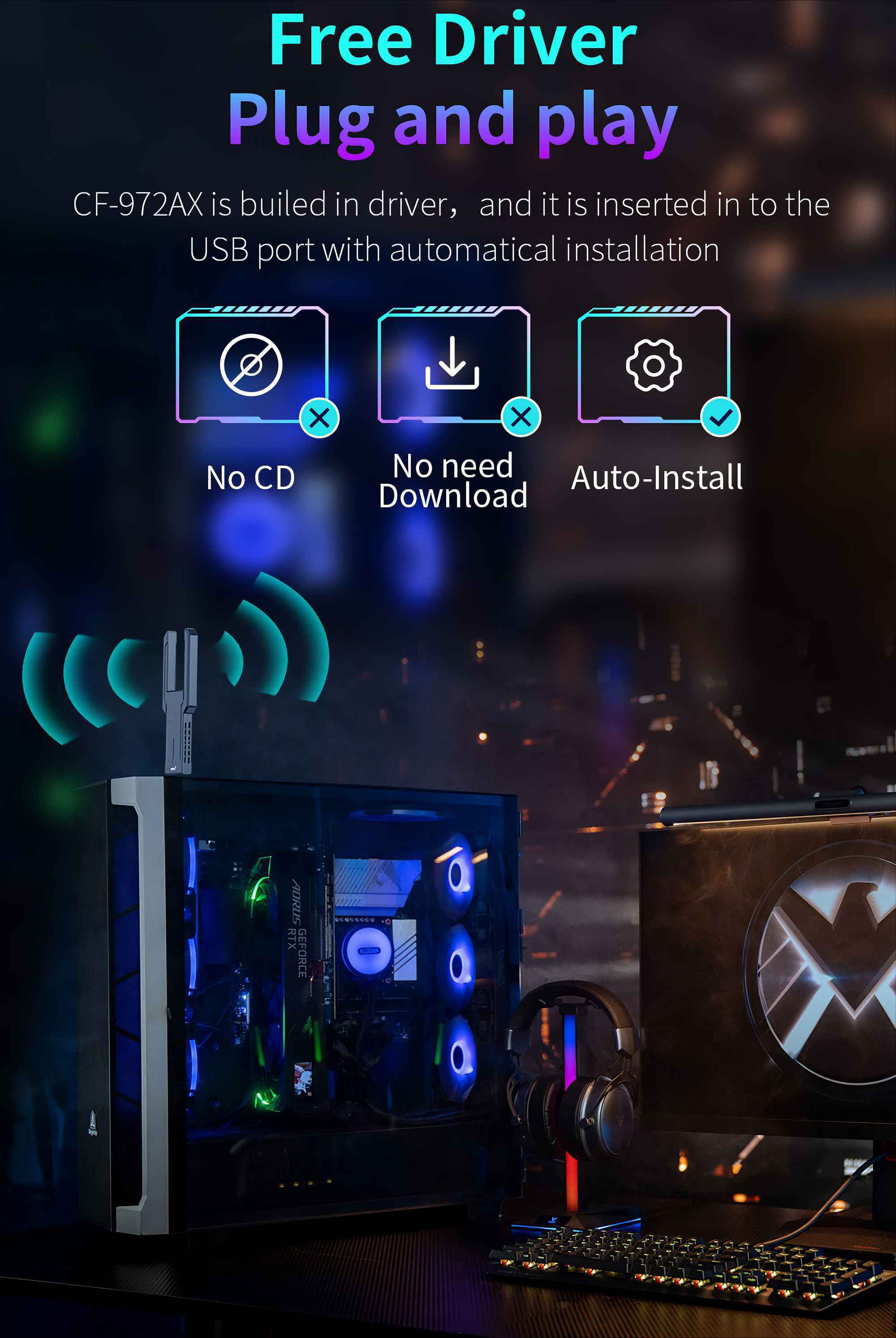 Das Bild zeigt ein Computer-Setup mit Text, der für einen Treiber wirbt. Grafikkarte, Kopfhörer und Tastatur sind sichtbar.