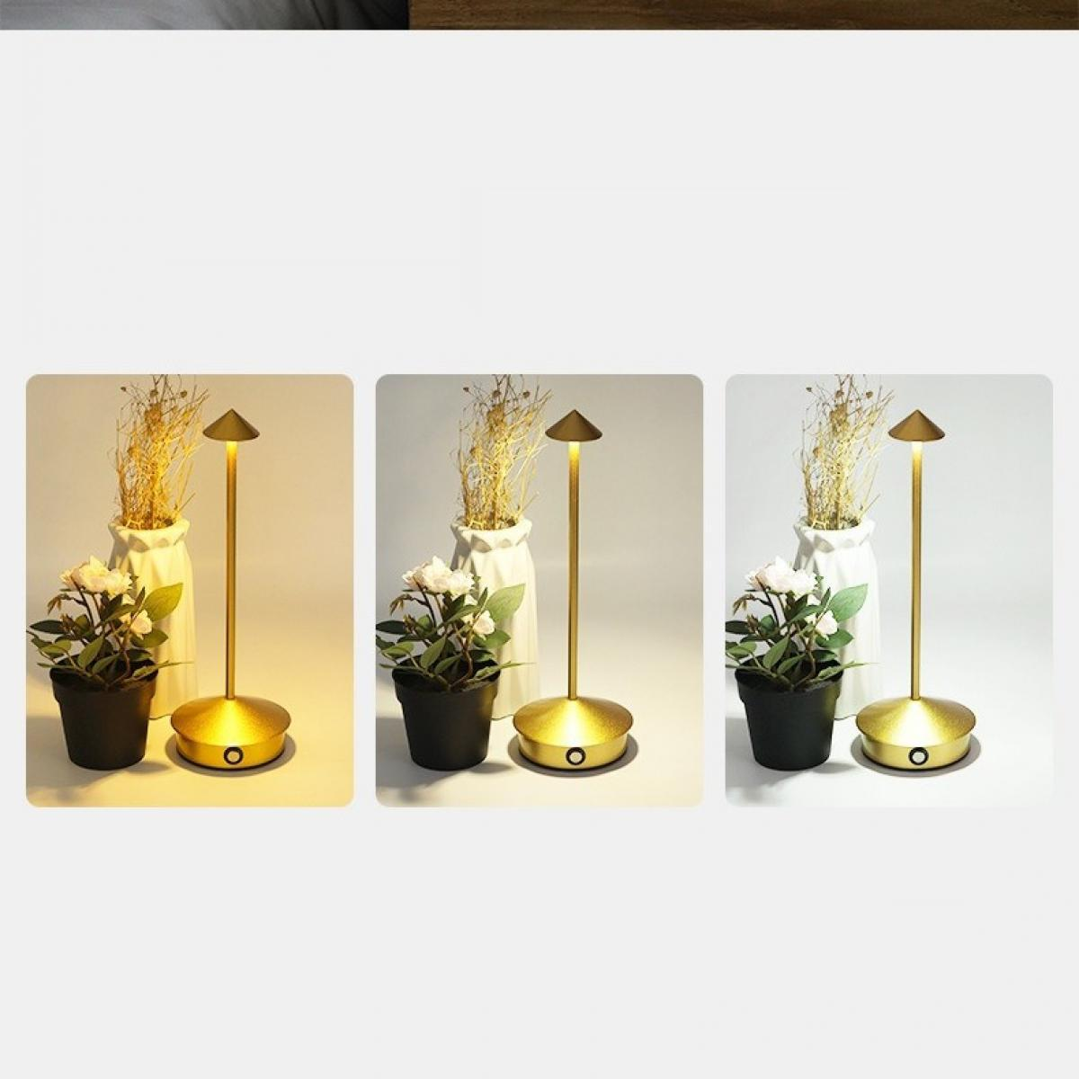 Drei Lampen, jede mit goldenem Sockel und Stiel. Weiße Vase mit Trockengras, ein Topf mit weißen Blumen davor.