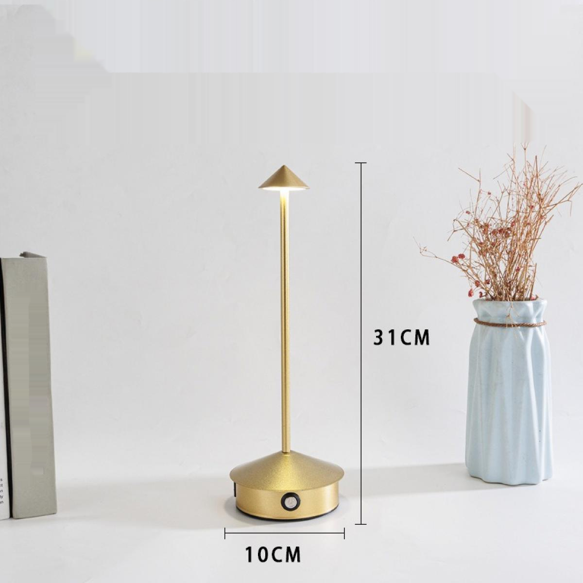 Eine goldene Lampe mit konischem Kopf und rundem Sockel. Sie steht neben einer Vase mit trockenen Pflanzen und einem Stapel Bücher.