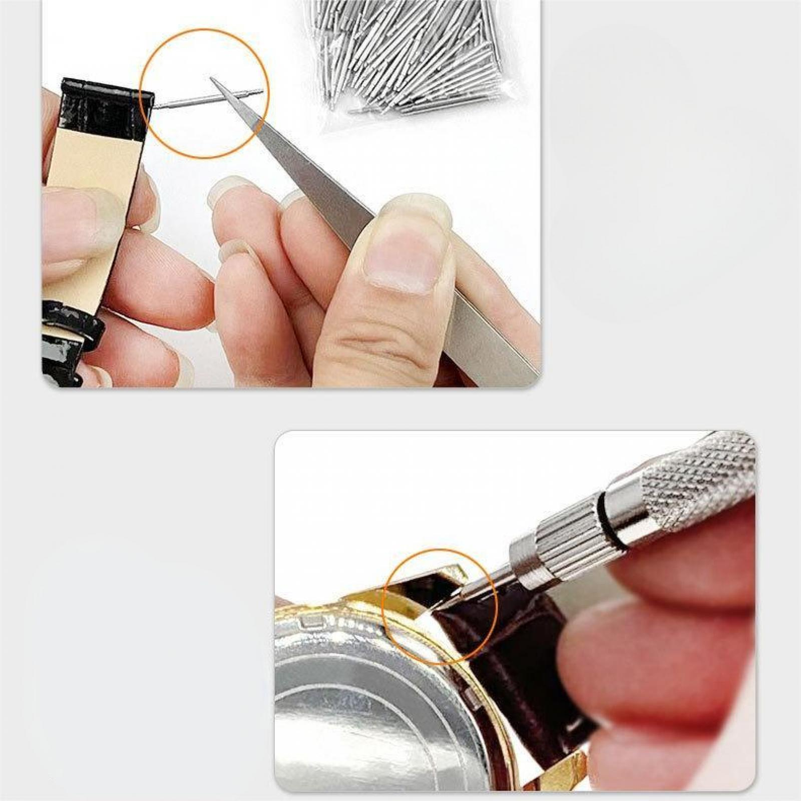 Hände, die eine Pinzette und einen Schraubendreher zur Reparatur einer Uhr verwenden. Details umfassen kleine Stifte und Uhrkomponenten.