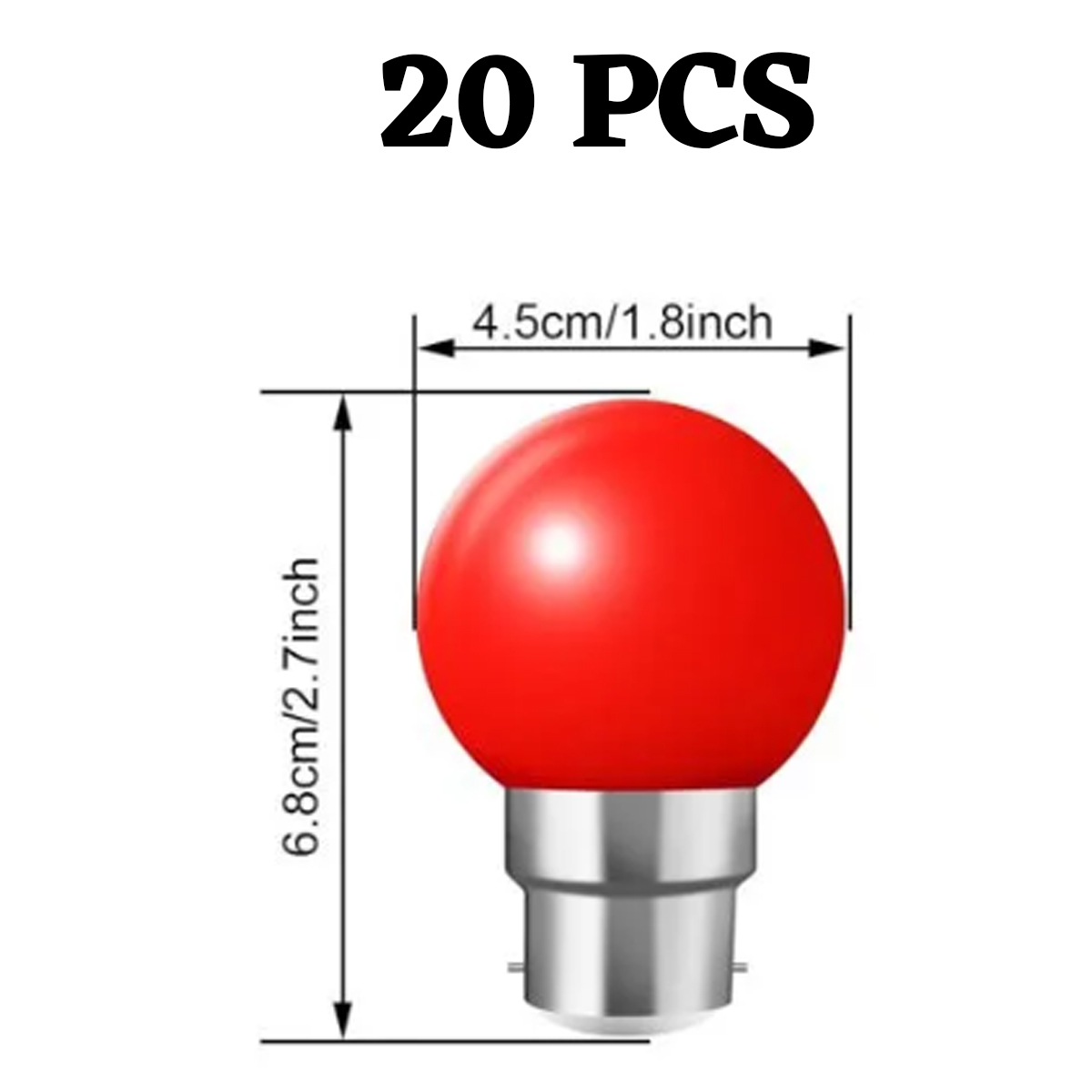 Eine rote, runde Glühbirne mit Metallbasis. Abmessungen: 6,8 cm/2,7 Zoll hoch und 4,5 cm/1,8 Zoll breit. Text: 20 STK.