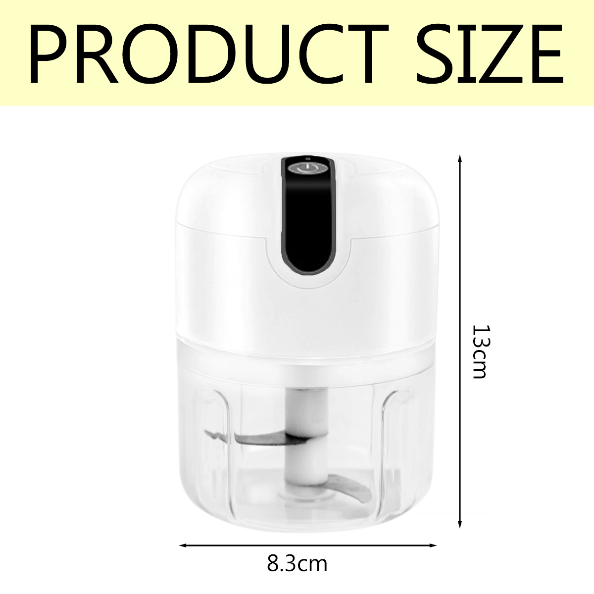 Ein weißer und transparenter Food Processor. Er misst 13 cm Höhe und 8,3 cm Breite. Die Worte 'PRODUCT SIZE' stehen oben.