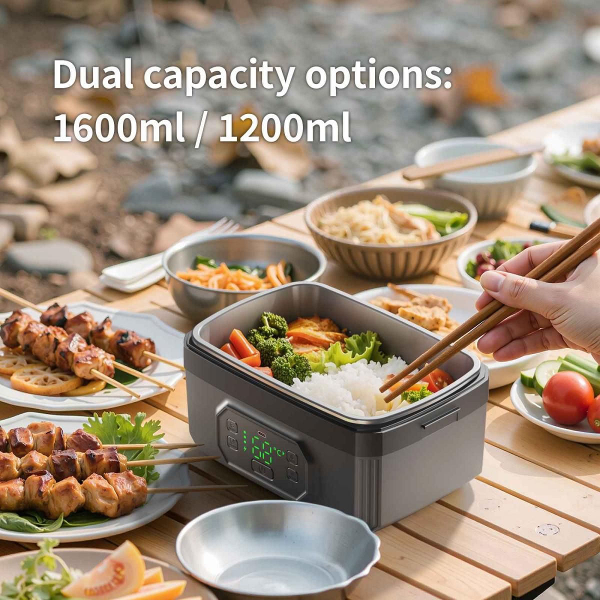 Ein Picknicktisch mit Essen. In der Mitte befindet sich eine Lunchbox mit Reis und Gemüse. Essstäbchen, Spieße und Schüsseln mit Essen sind herum.