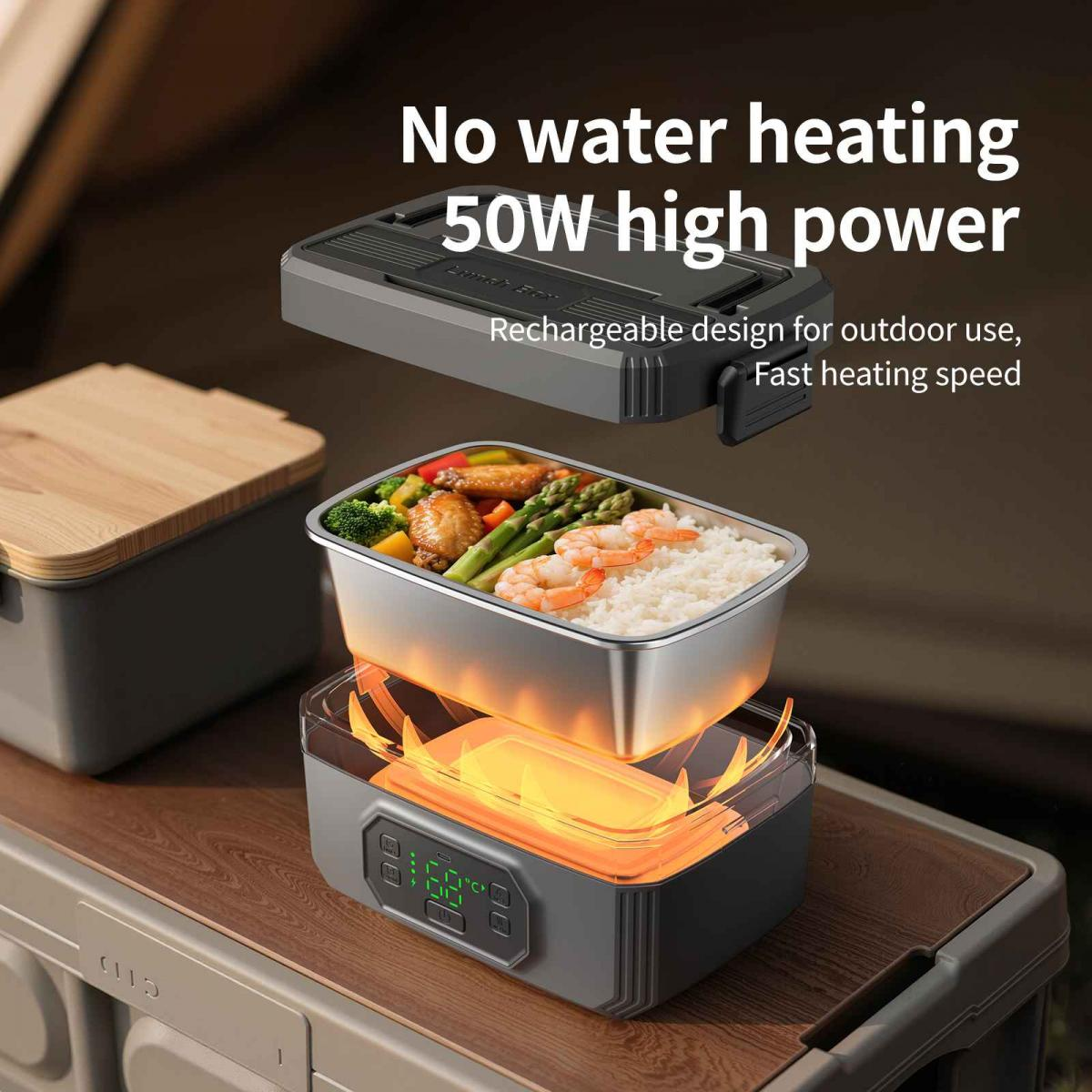 Ein Speisenwärmer mit beheizter Basis. Eine Mahlzeit mit Reis, Garnelen und Gemüse liegt obenauf. Text: Kein Wasser erhitzen, 50W Hochleistung.