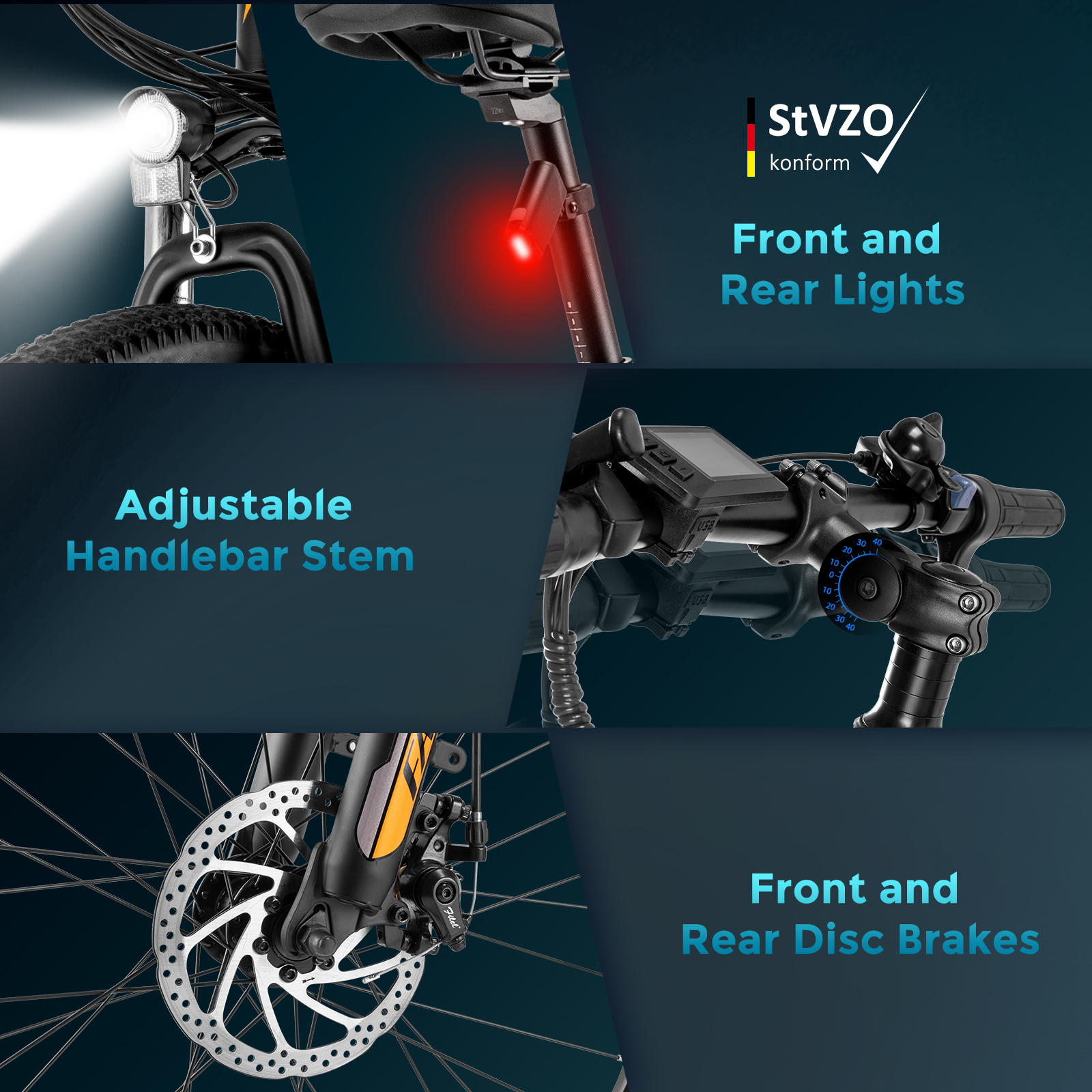 Das Bild zeigt Details eines E-Bikes: Vorder- und Rücklichter, verstellbarer Lenkervorbau und Scheibenbremsen.