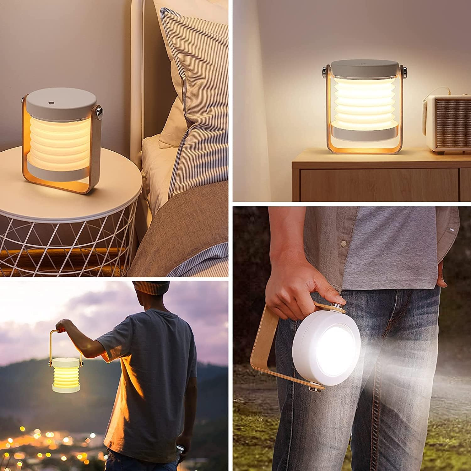 Una lanterna pieghevole con manico in legno viene mostrata in diversi contesti. È illuminata e ha una combinazione di colori bianca e beige.