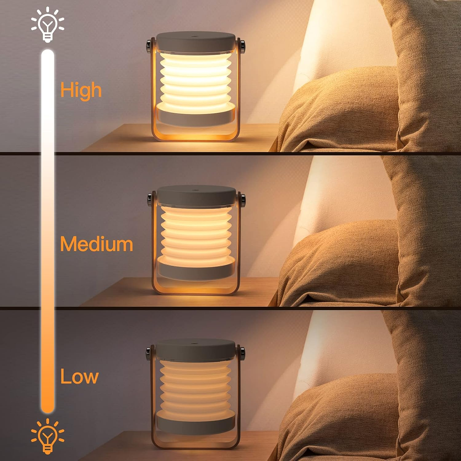 Una lampada con luminosità regolabile è su un comodino. Tre impostazioni: alta, media e bassa. Cuscini e un letto sullo sfondo.
