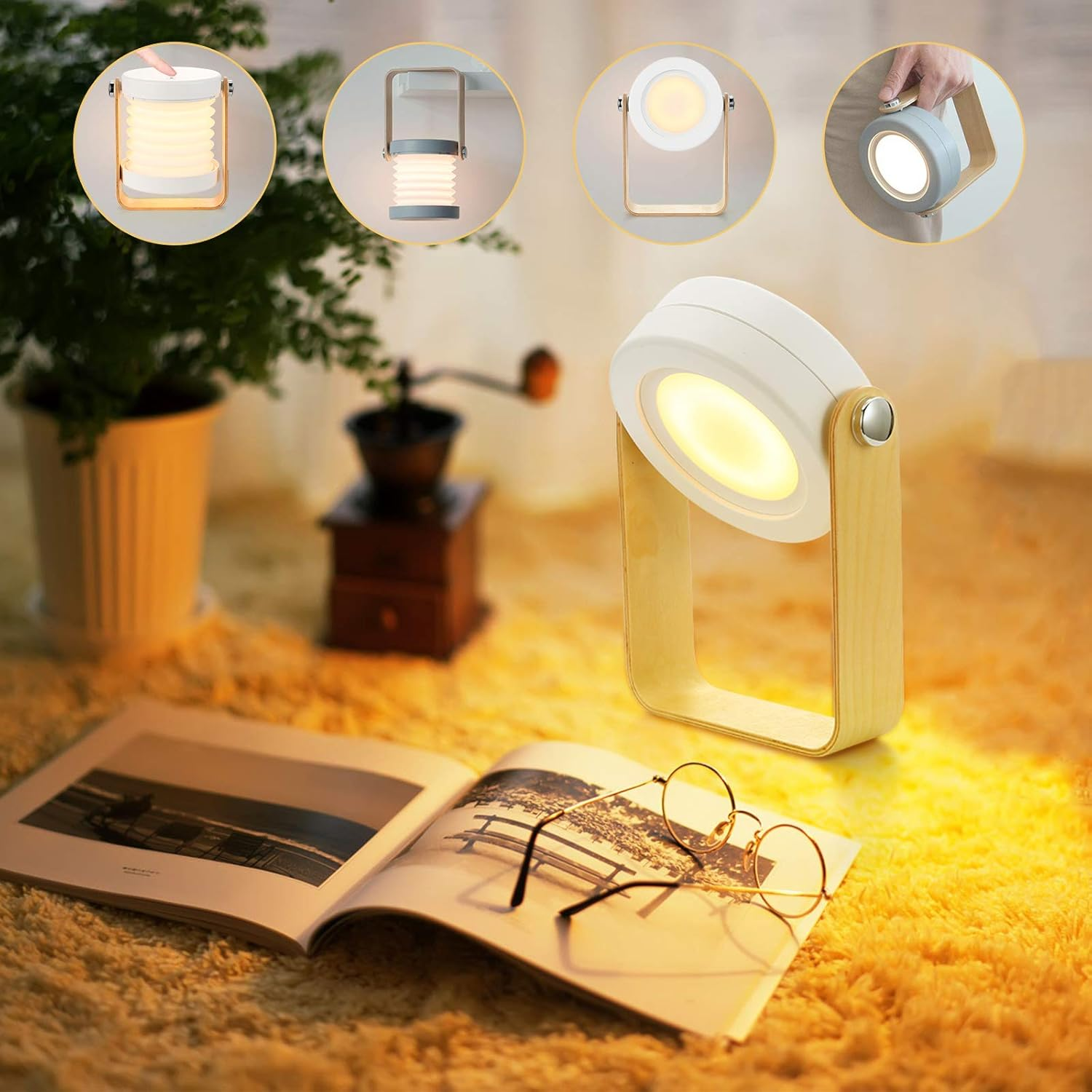 Una lampada accesa con manico in legno è appoggiata su un tappeto peloso vicino a un libro aperto e occhiali. Vengono mostrate diverse piccole lampade.