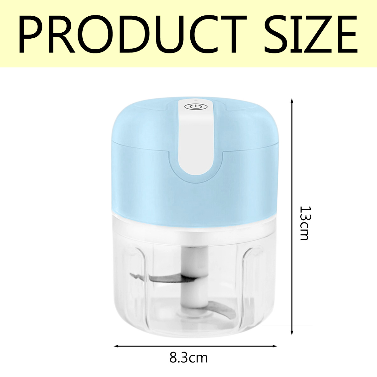 Ein kleiner, blau und klarer Foodprocessor. Die Abmessungen sind 8,3 cm x 13 cm. Der Text oben lautet 'PRODUCT SIZE'.