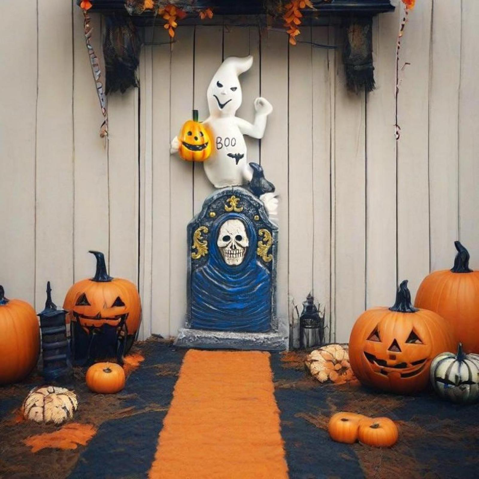 Halloween-Szene mit Kürbissen, Geist, Grabstein und einem orangefarbenen Pfad. Weißer Holzhintergrund. Dekorationen schmücken die Oberseite.