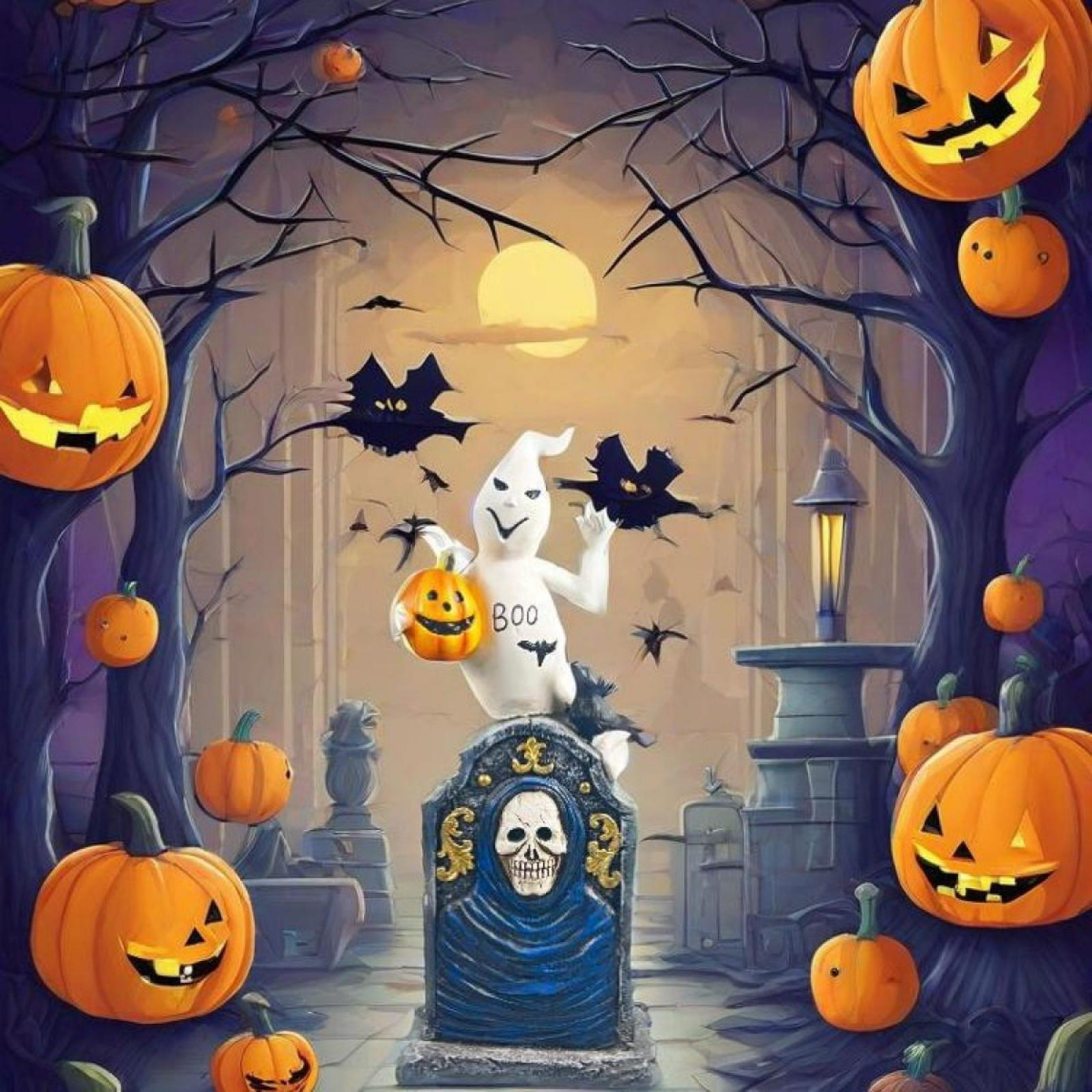 Halloween-Szene: Geist, Kürbisse, Fledermäuse und ein Grabstein. Mond im Hintergrund. Bäume und eine Laterne. Gruselige Umgebung.