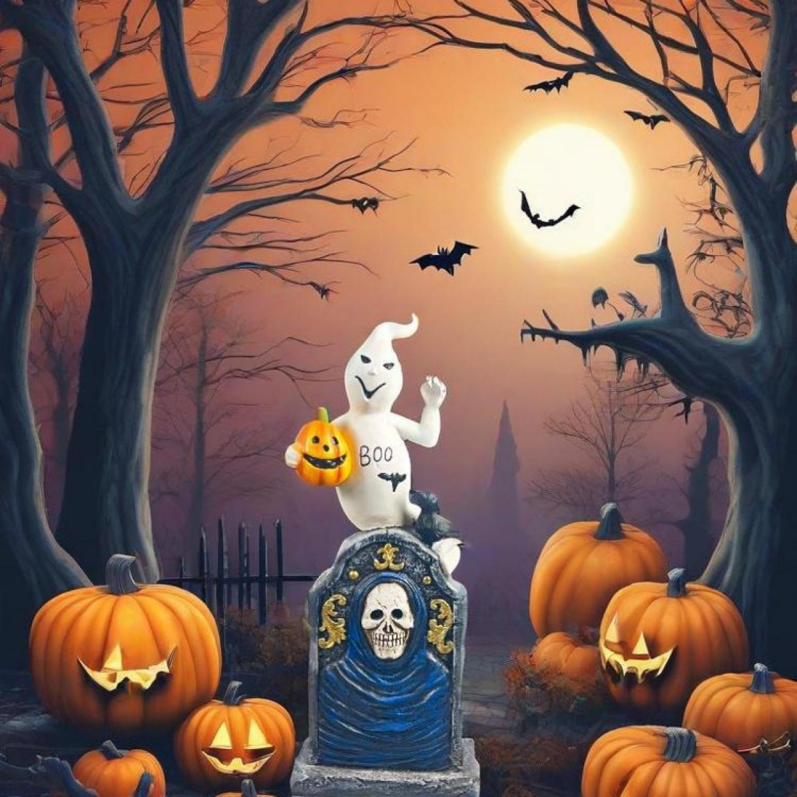 Halloween-Szene mit Geist, Kürbissen, Fledermäusen und Vollmond. Der Geist hält einen Kürbis.