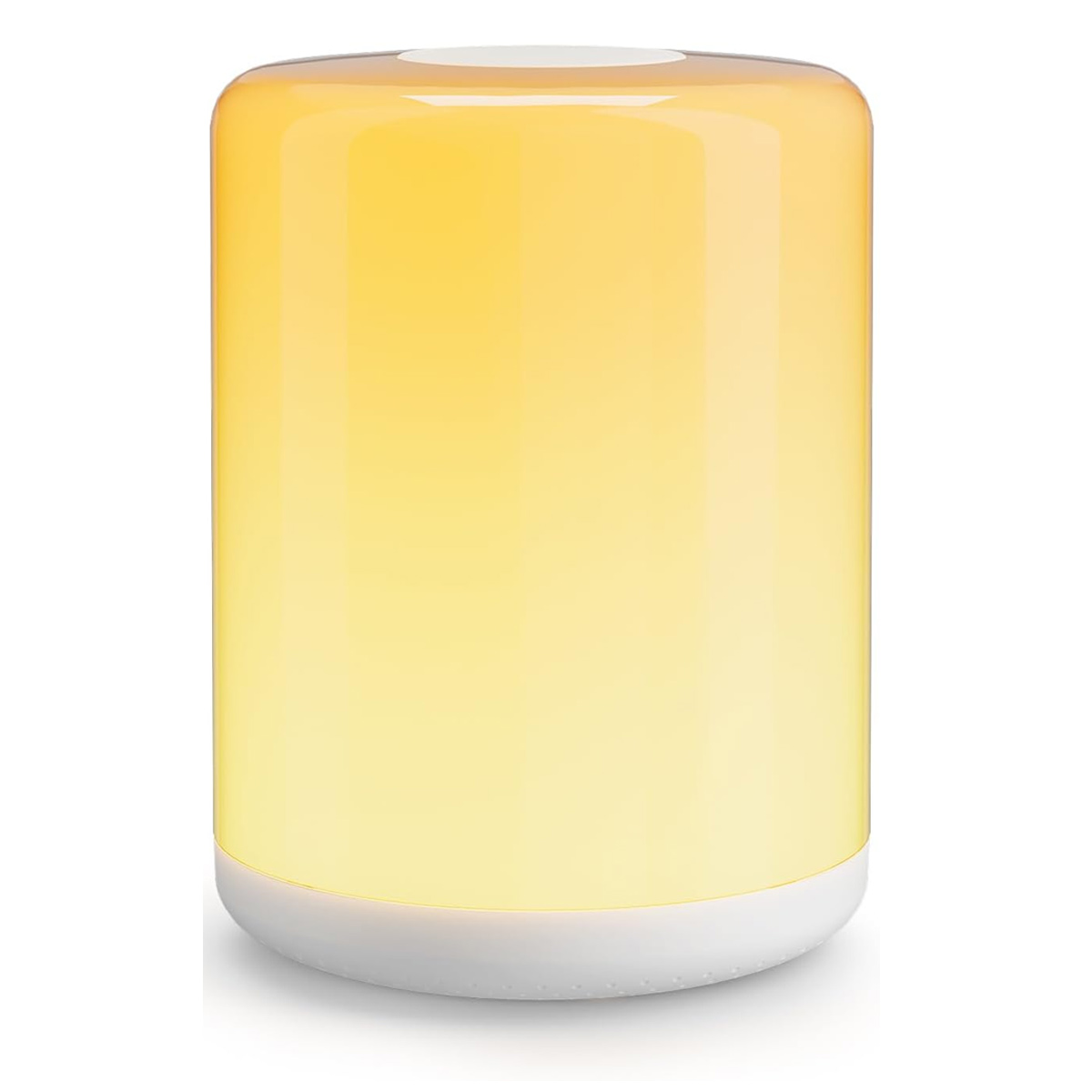 Eine leuchtende, zylindrische Lampe mit weißem Sockel und Deckel. Die Lampe strahlt warmes, gelbes Licht aus.