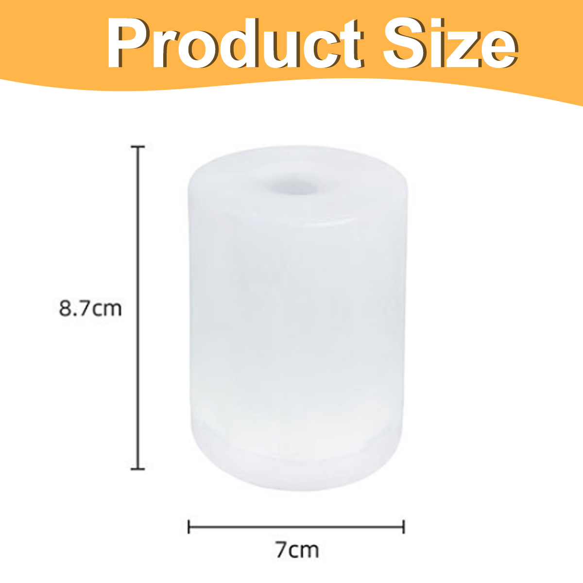 Ein weißer Zylinder mit beschrifteten Abmessungen. Die Höhe beträgt 8,7 cm und der Durchmesser 7 cm. Der Text 'Produktgröße' steht oben.