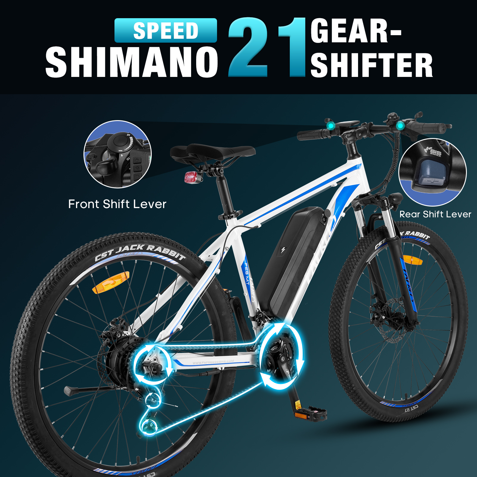 Weißes und blaues Elektrofahrrad mit Shimano 21 Gangschaltung. Enthält vordere und hintere Schalthebel und CST JACK RABBIT Reifen.
