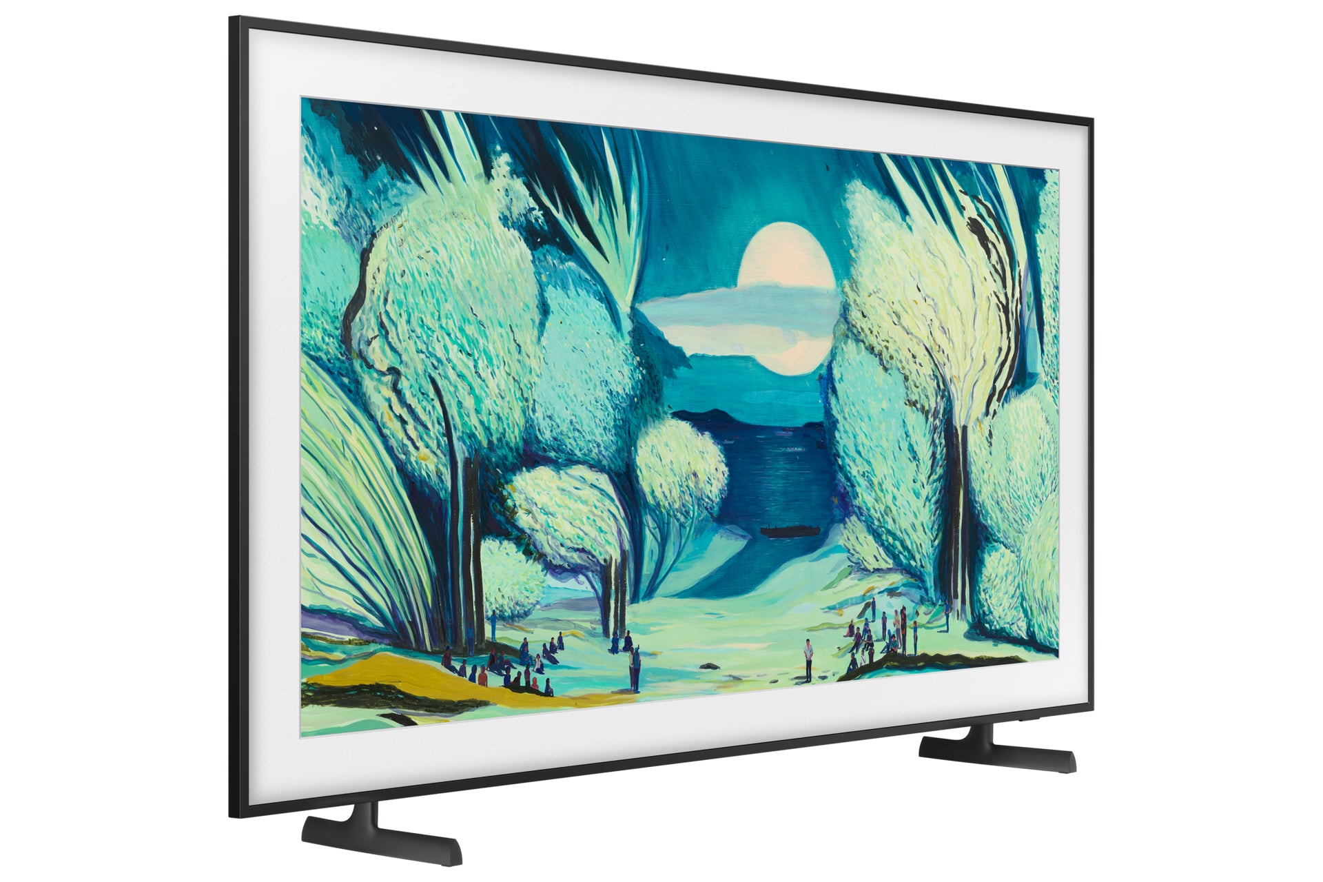 Painting on a TV screen. A moonlit forest scene with trees and people. The TV is black, standing on a white background.