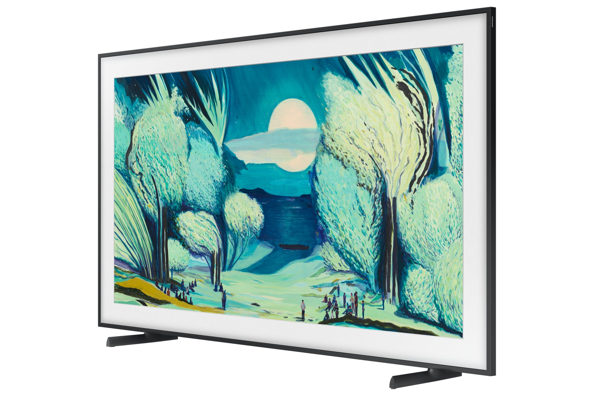 Painting on a TV screen. A moonlit landscape with trees, a lake, and people. The TV is black with a white border.
