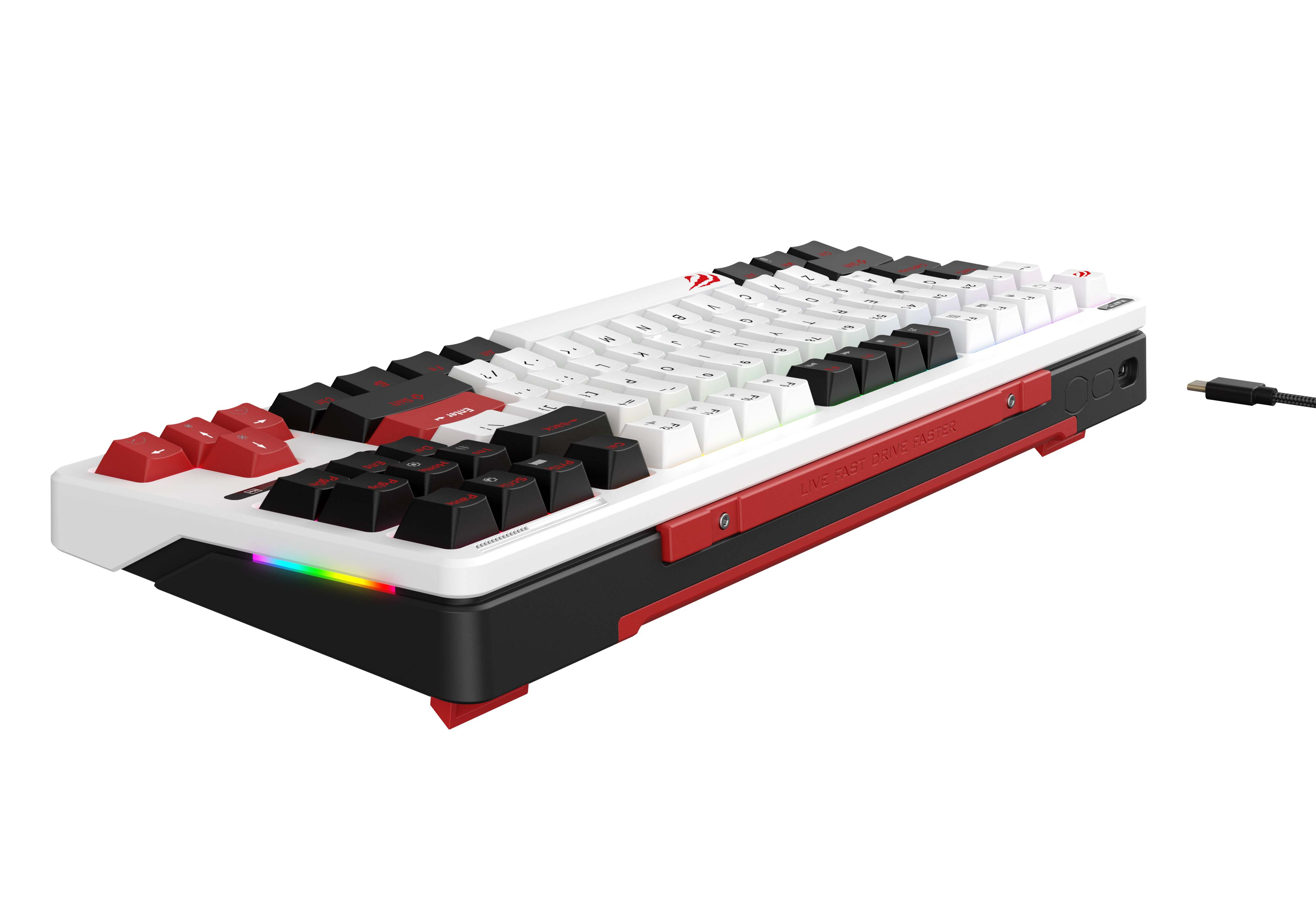 Biało-czarna klawiatura z czerwonymi akcentami. Posiada kabel USB-C. Klawisze są białe i czarne.