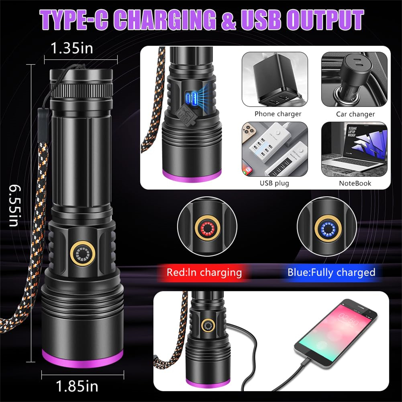 Eine schwarze Taschenlampe mit lila Basis und Details, mit Lade- und Ausgangsfunktionen. Enthält ein Telefonladegerät und einen USB-Stecker.