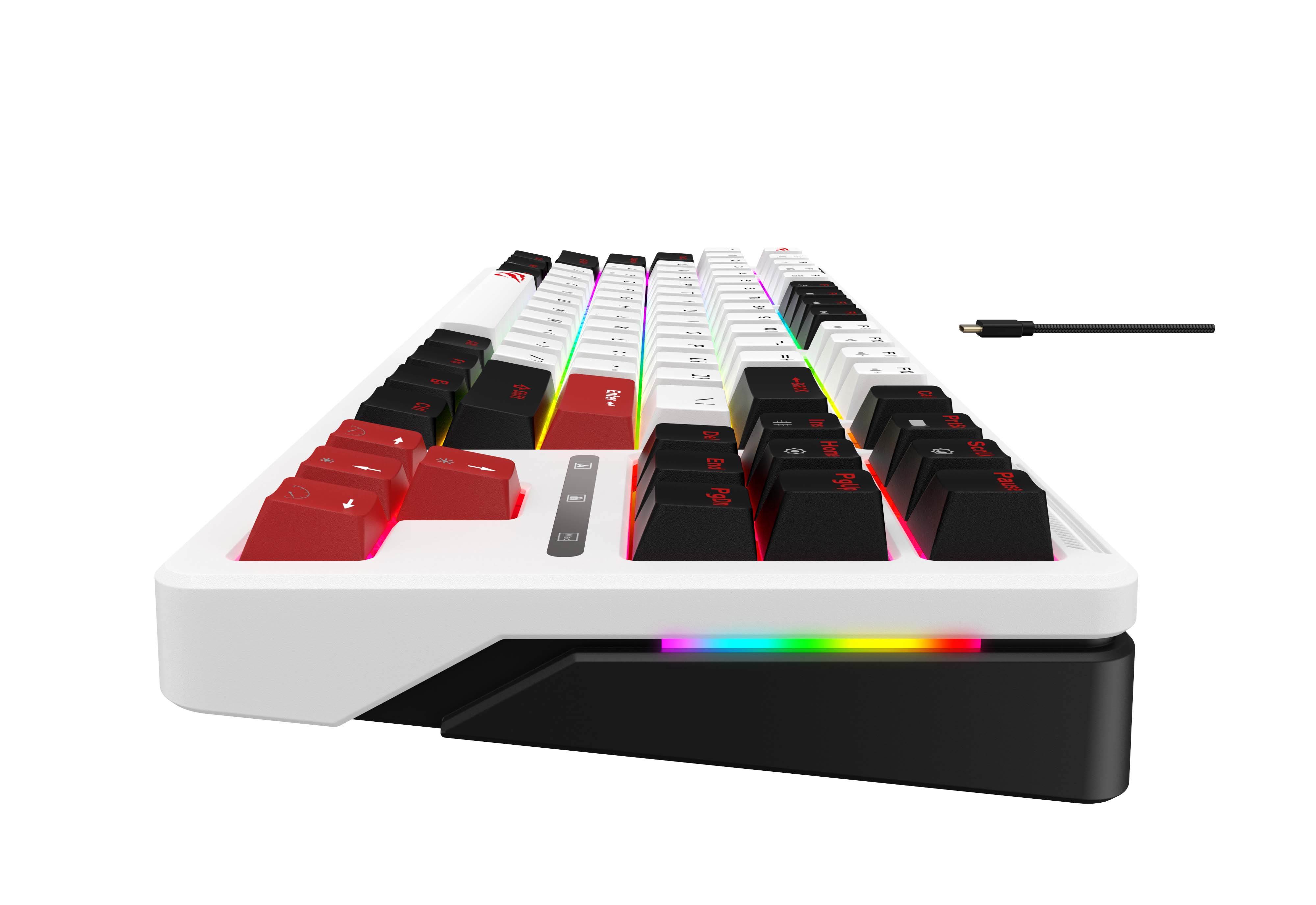 Biało-czarna klawiatura mechaniczna z czerwonymi i czarnymi klawiszami. Kabel USB po prawej.