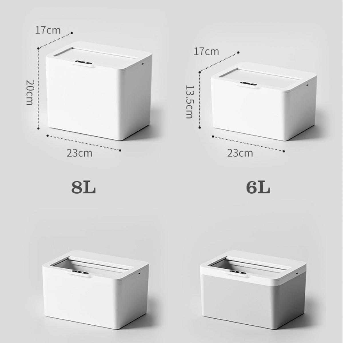 Vier weiße rechteckige Behälter mit Deckel. Maße sind angegeben: 20x23x17 cm (8L) und 13,5x23x17 cm (6L). Zwei sind grau.