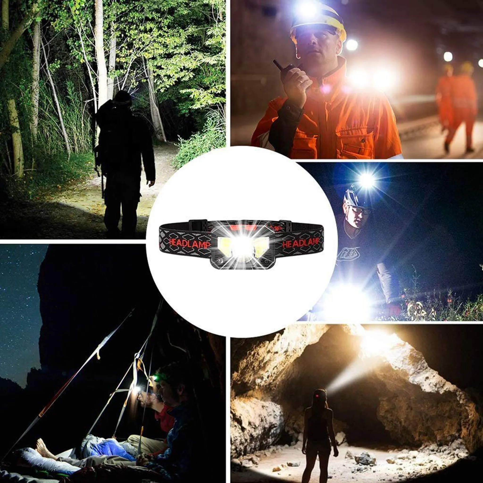 Eine Stirnlampe wird in verschiedenen Szenarien verwendet, darunter Wandern, Bau, Radfahren, Camping und Höhlenforschung. Die Stirnlampe beleuchtet die Szenen.