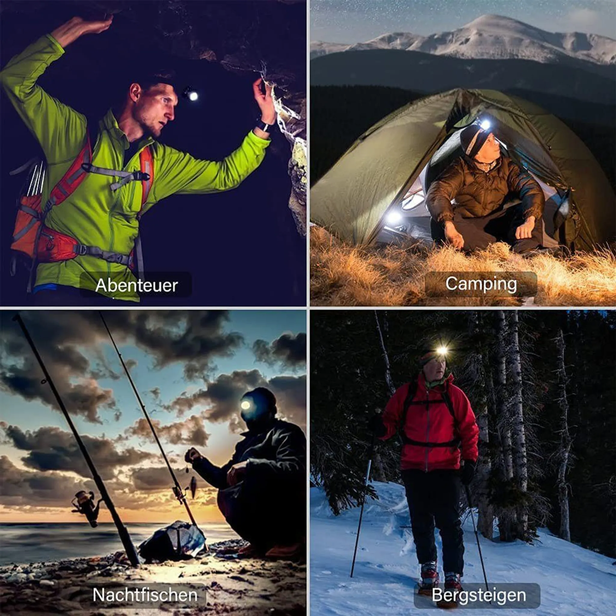Vier Bilder: Höhlenforschung, Camping, Nachtangeln und Bergsteigen, jeweils mit einer Person mit Stirnlampe bei verschiedenen Aktivitäten.