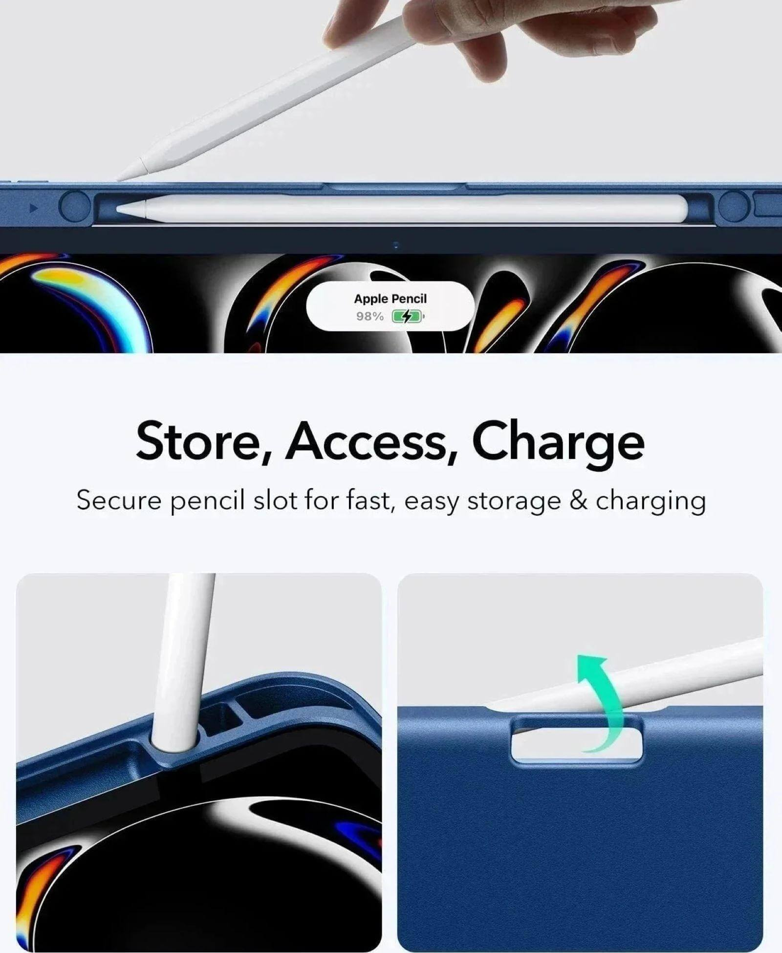Das Bild zeigt einen Apple Pencil, der in einem blauen Gehäuse aufbewahrt und aufgeladen wird. Der Text erwähnt sichere Aufbewahrung und Aufladung.