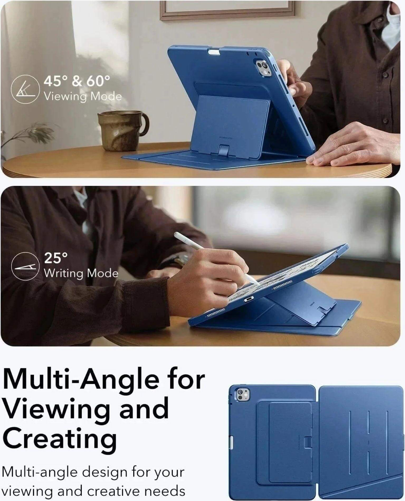 Blaues iPad in verschiedenen Betrachtungswinkeln, Hände interagieren, eine Tasse und Produktdetails sind abgebildet.