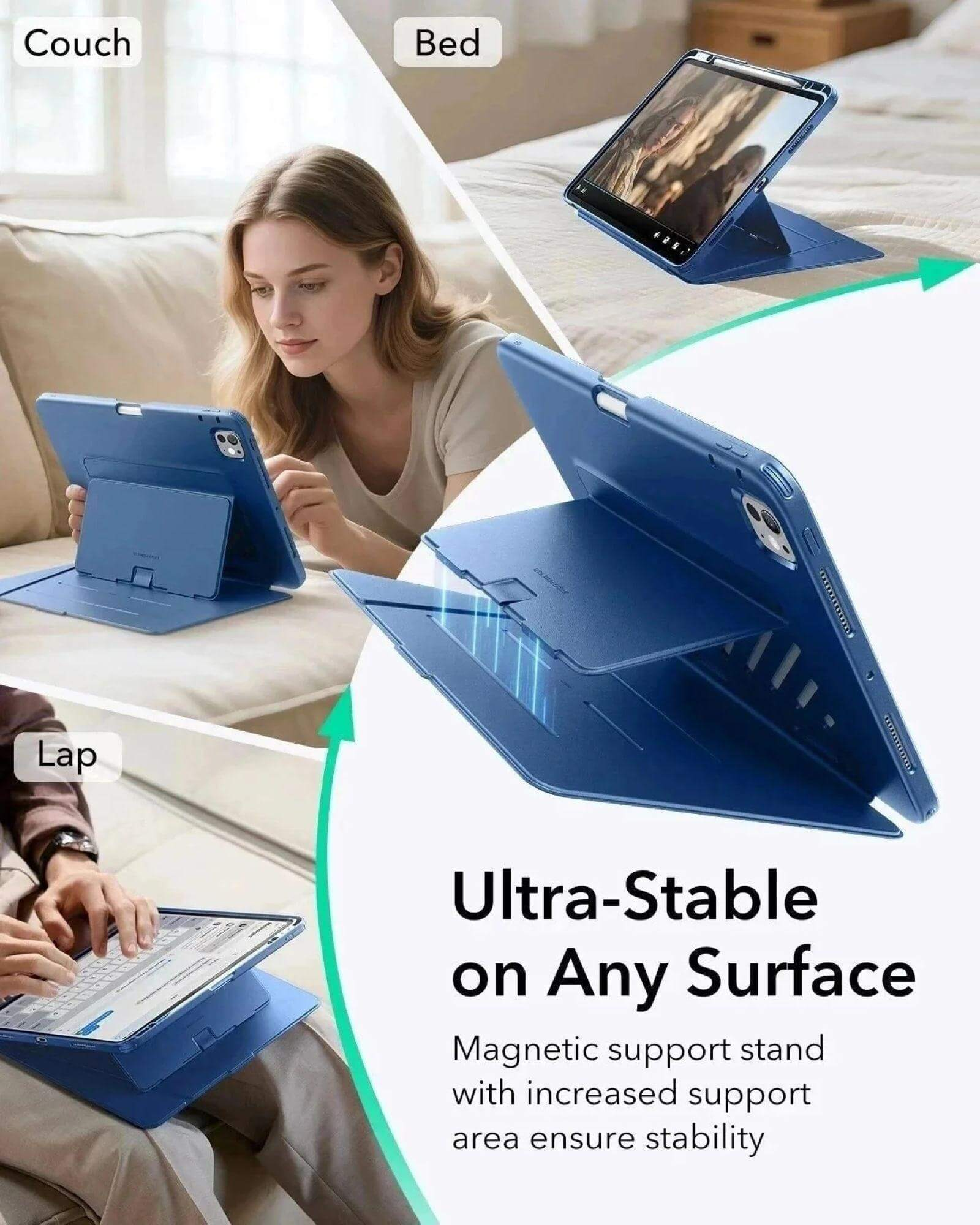 Eine Frau benutzt eine blaue Tablethülle auf einer Couch. Die Hülle wird auch auf einem Bett und einem Schoß gezeigt, mit Text 'Ultra-Stable'.
