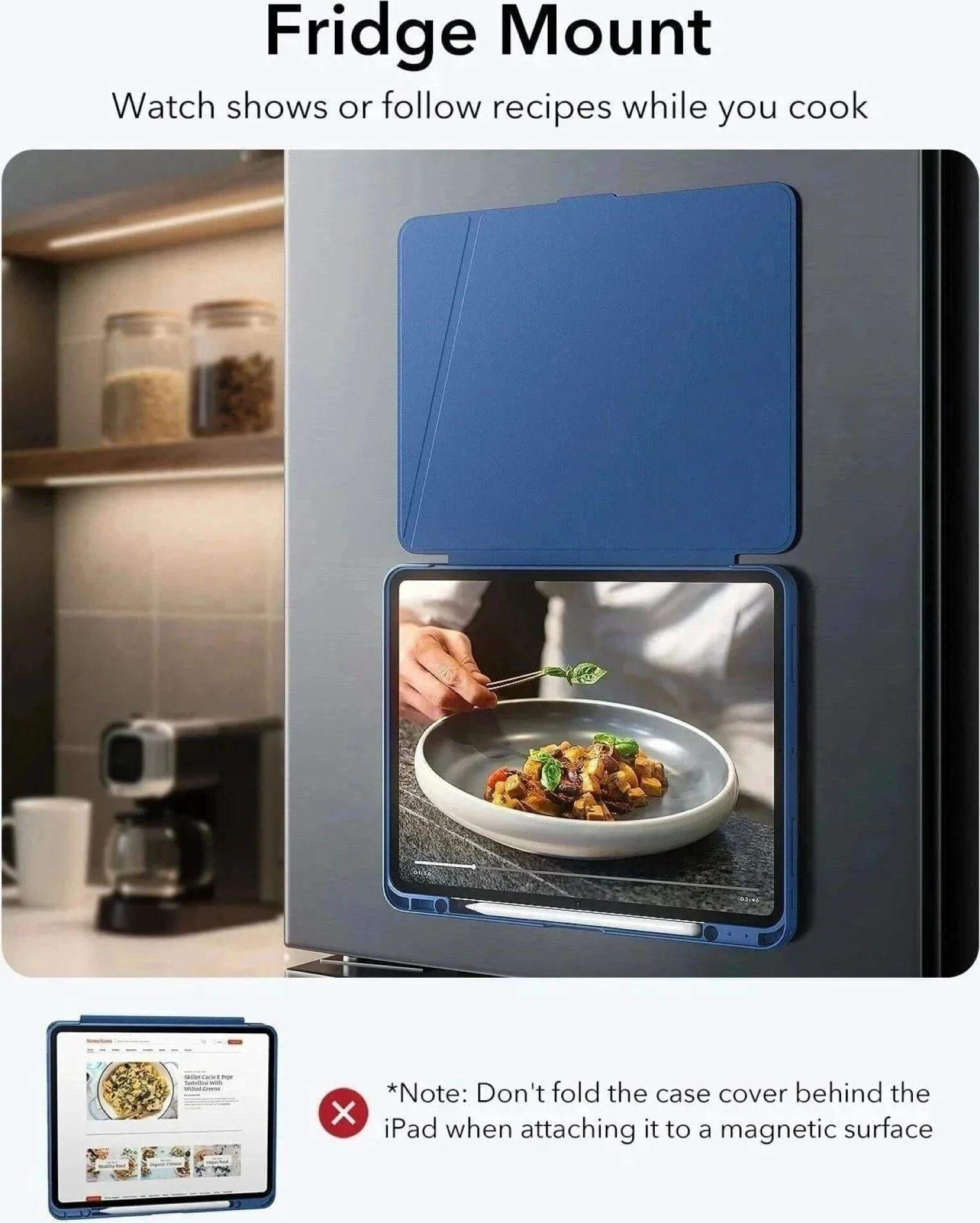 Eine blaue Tablethülle an einem Kühlschrank. Ein Tablet zeigt Essen. Text lautet: 'Fridge Mount'. Ein kleines Bild zeigt Tabletnutzung.