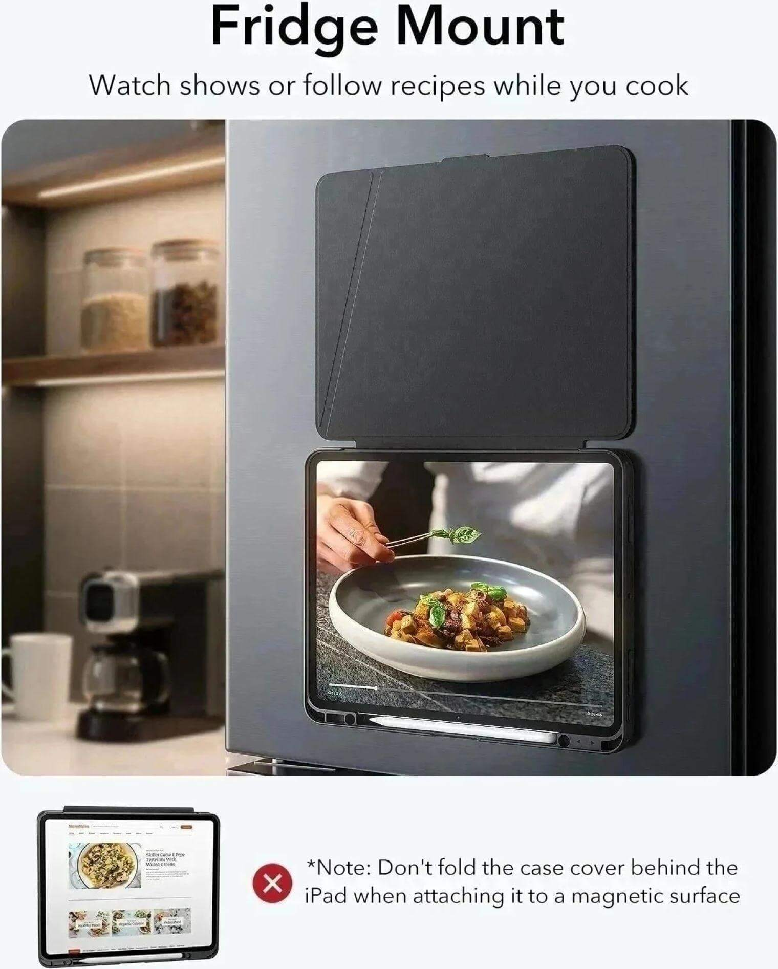 Ein Tablet ist an einem Kühlschrank montiert und zeigt Essen. Eine Hülle ist gefaltet dargestellt, mit einer Warnung, sie nicht zu falten.