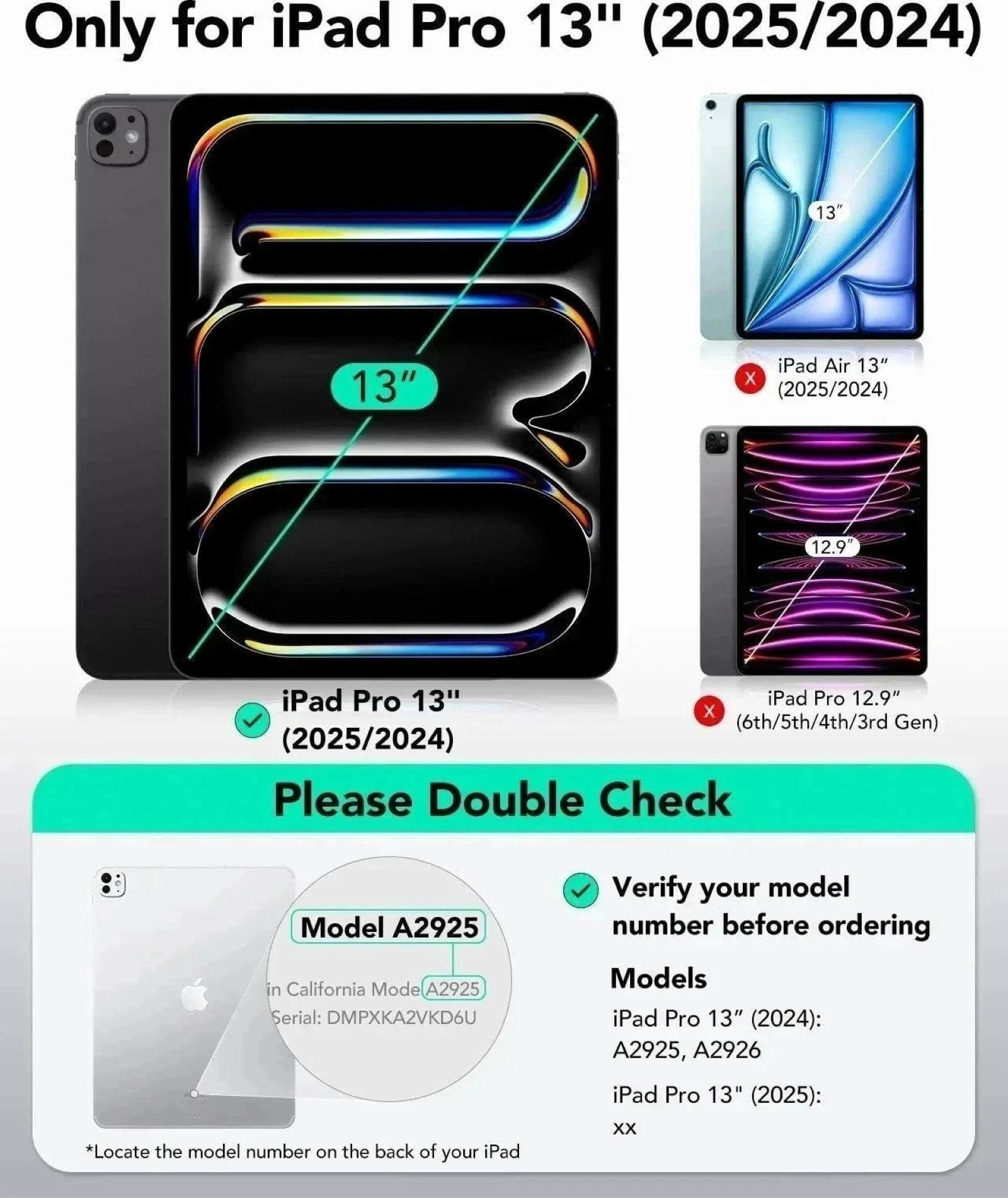 Das Bild zeigt iPad Pro-Modelle. Enthält Diagramme mit Abmessungen, Modellnummern A2925 und Anweisungen zur Überprüfung.
