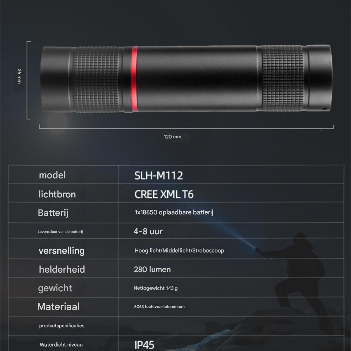 Schwarze Taschenlampe mit rotem Streifen, Produktspezifikationen. Modell SLH-M112, CREE XML T6, 1x18650 Batterie, 280 Lumen, 120mm Länge.