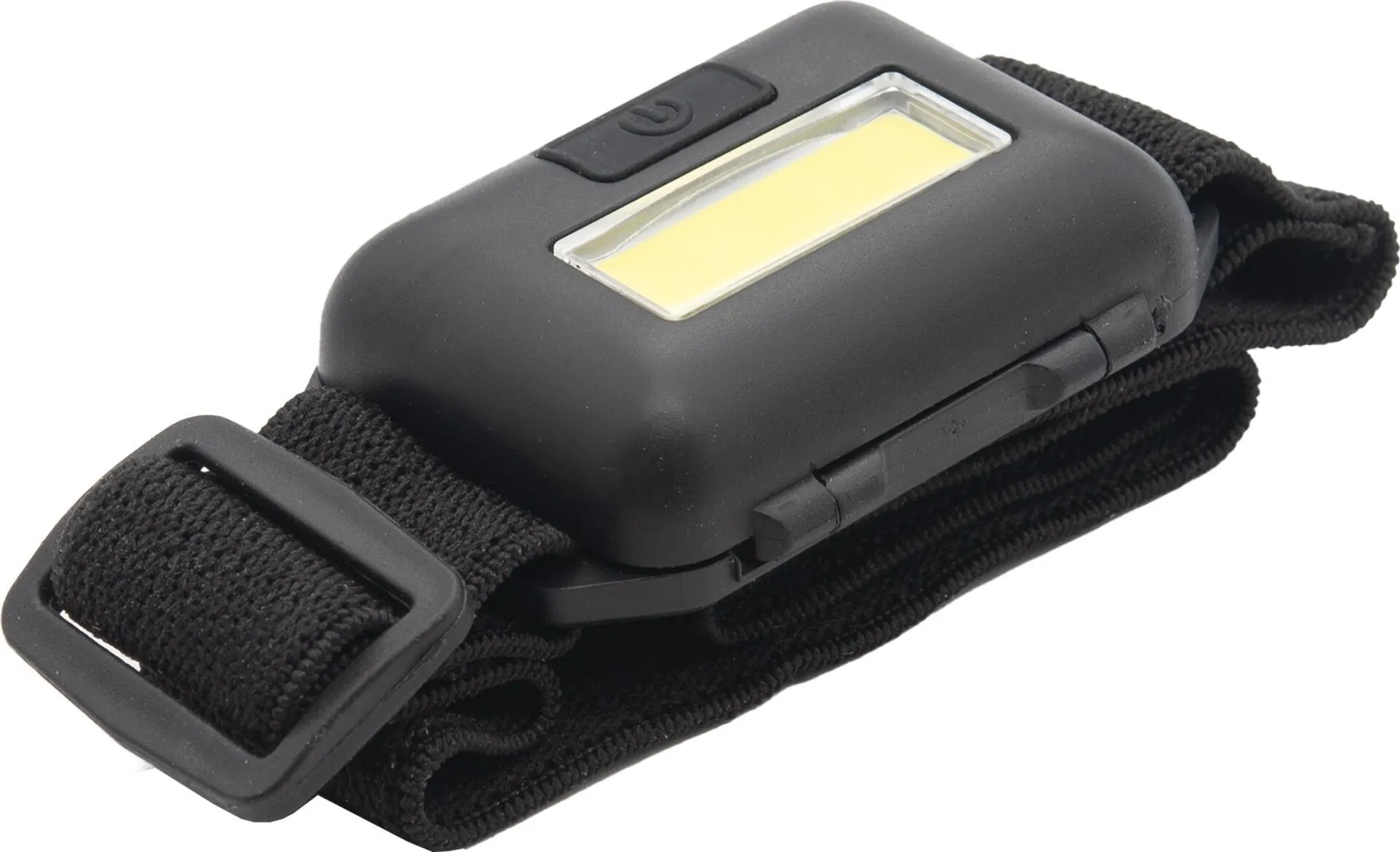 Eine schwarze Stirnlampe mit weißem Lichtfeld. Es hat einen schwarzen Riemen und eine Schnalle.