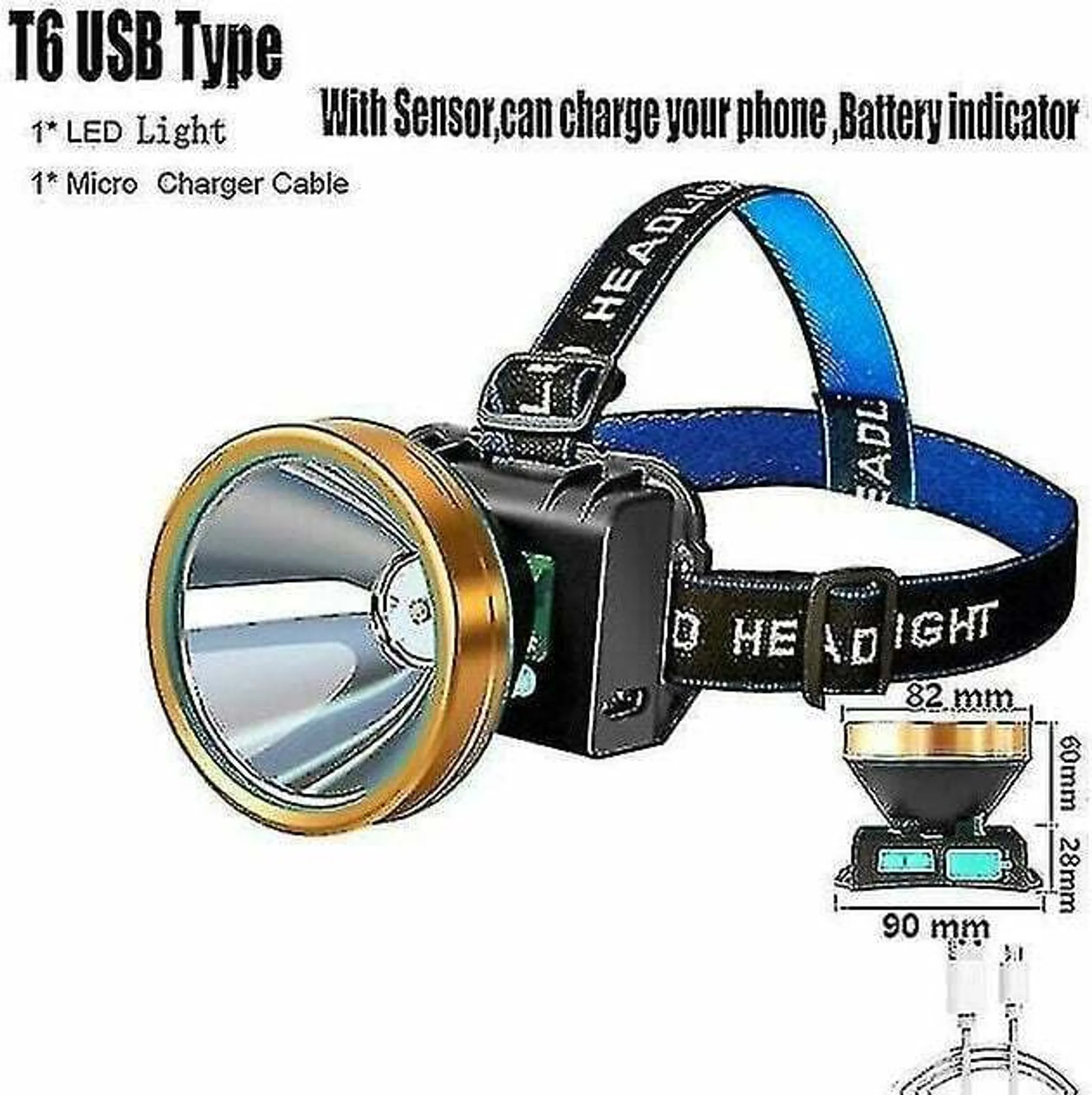 Eine Stirnlampe mit LED-Licht, Ladekabel und Batterieanzeige. Sie hat einen blauen Riemen und das Wort HEADLIGHT.