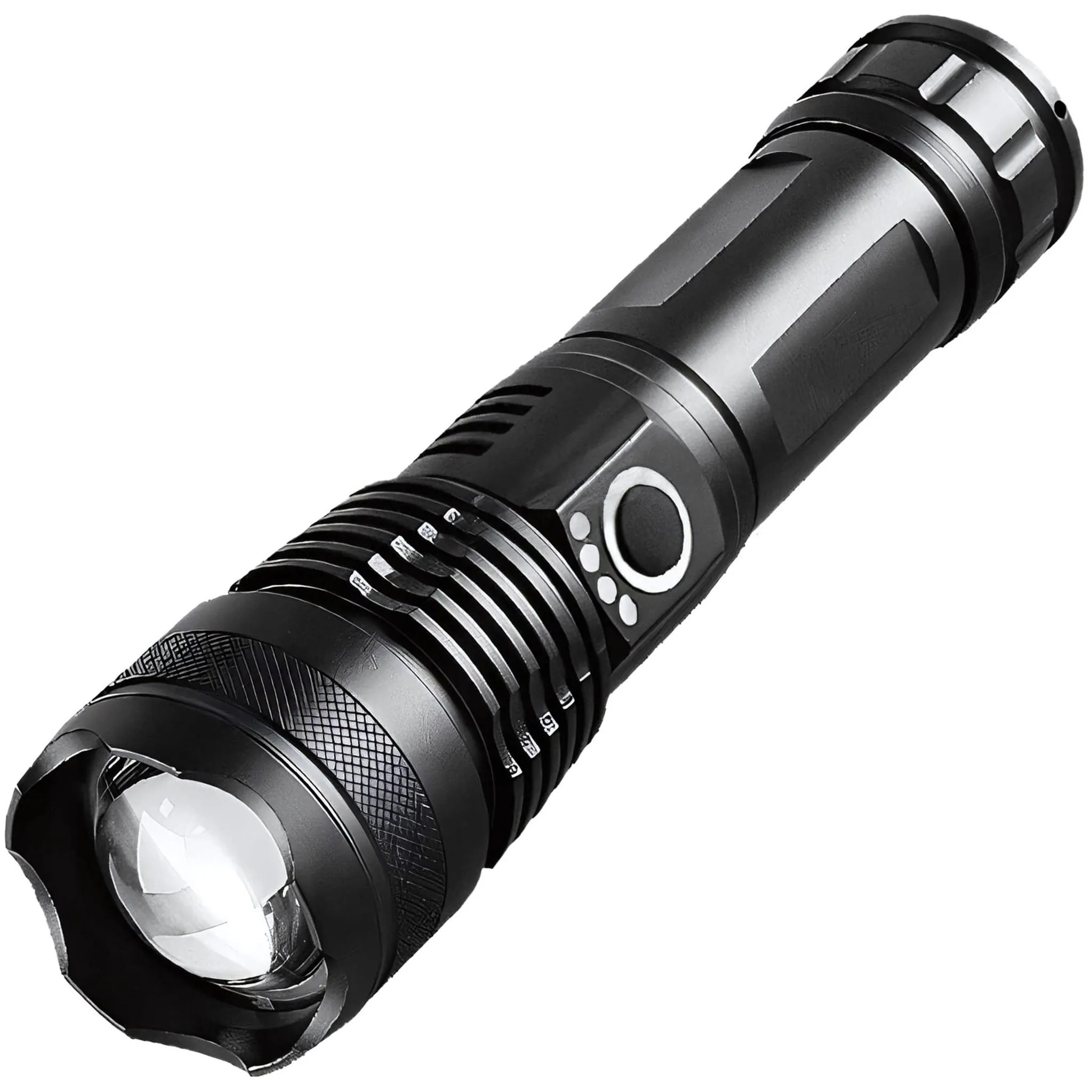 Eine schwarze Taschenlampe auf weißem Grund. Sie hat eine Linse, einen Einschaltknopf und einen strukturierten Griff.