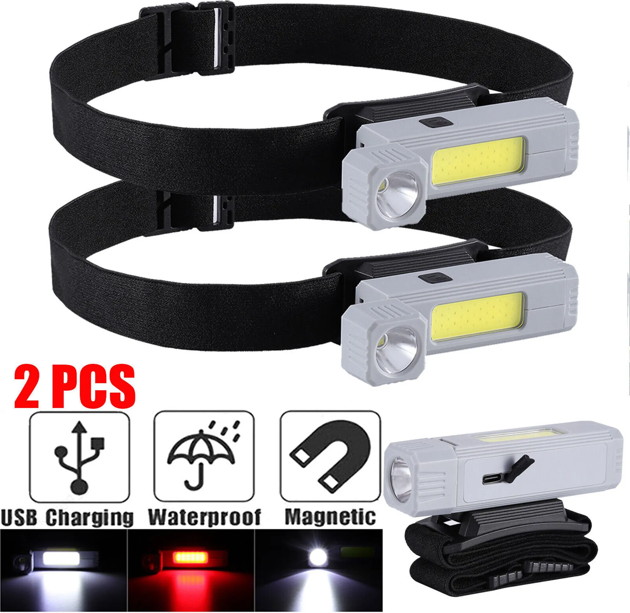 Zwei Stirnlampen mit schwarzen Riemen. Jede hat ein Licht und einen USB-Ladeanschluss. Symbole zeigen USB-Aufladung, wasserdicht und magnetisch.