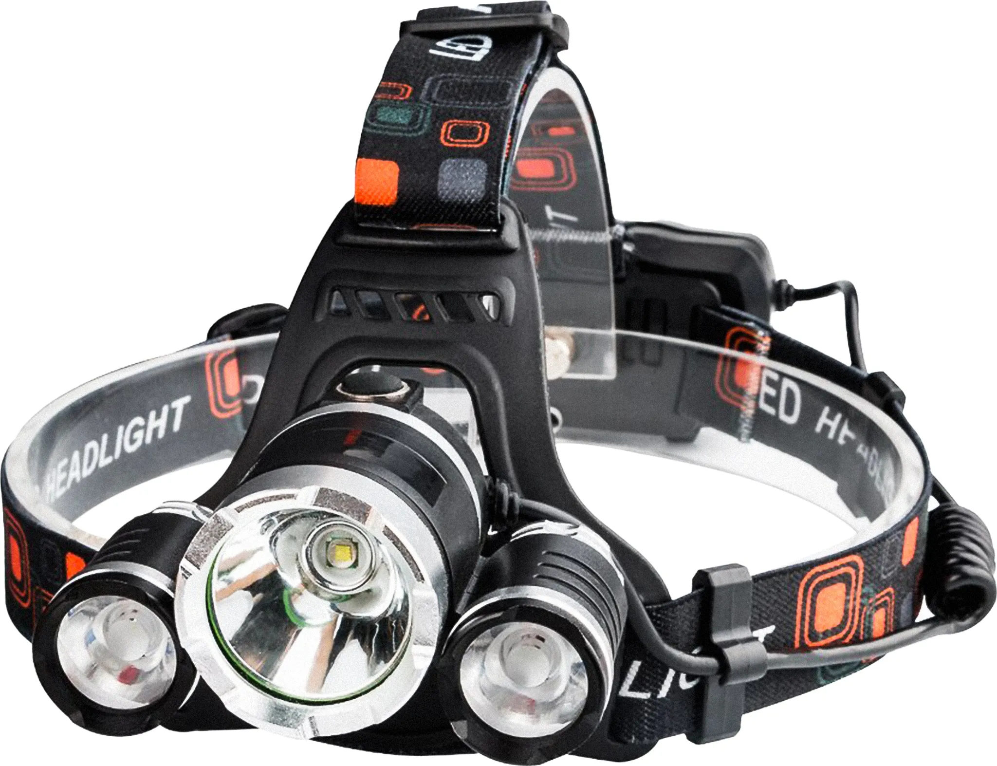 Schwarze Stirnlampe mit drei Lichtern, Riemen mit orangefarbenem und schwarzem Muster. Das Wort HEADLIGHT ist gedruckt.