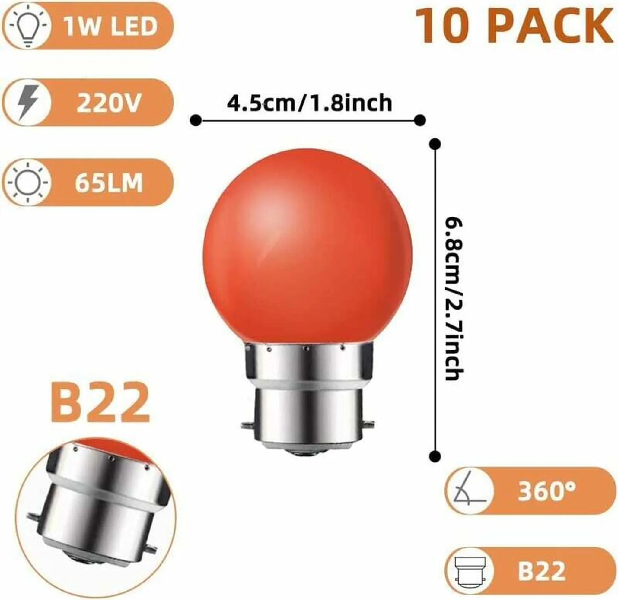 Eine orangefarbene B22 LED-Glühbirne mit Abmessungen und Spezifikationen, einschließlich Spannung, Lumen und 360-Grad-Beleuchtung.
